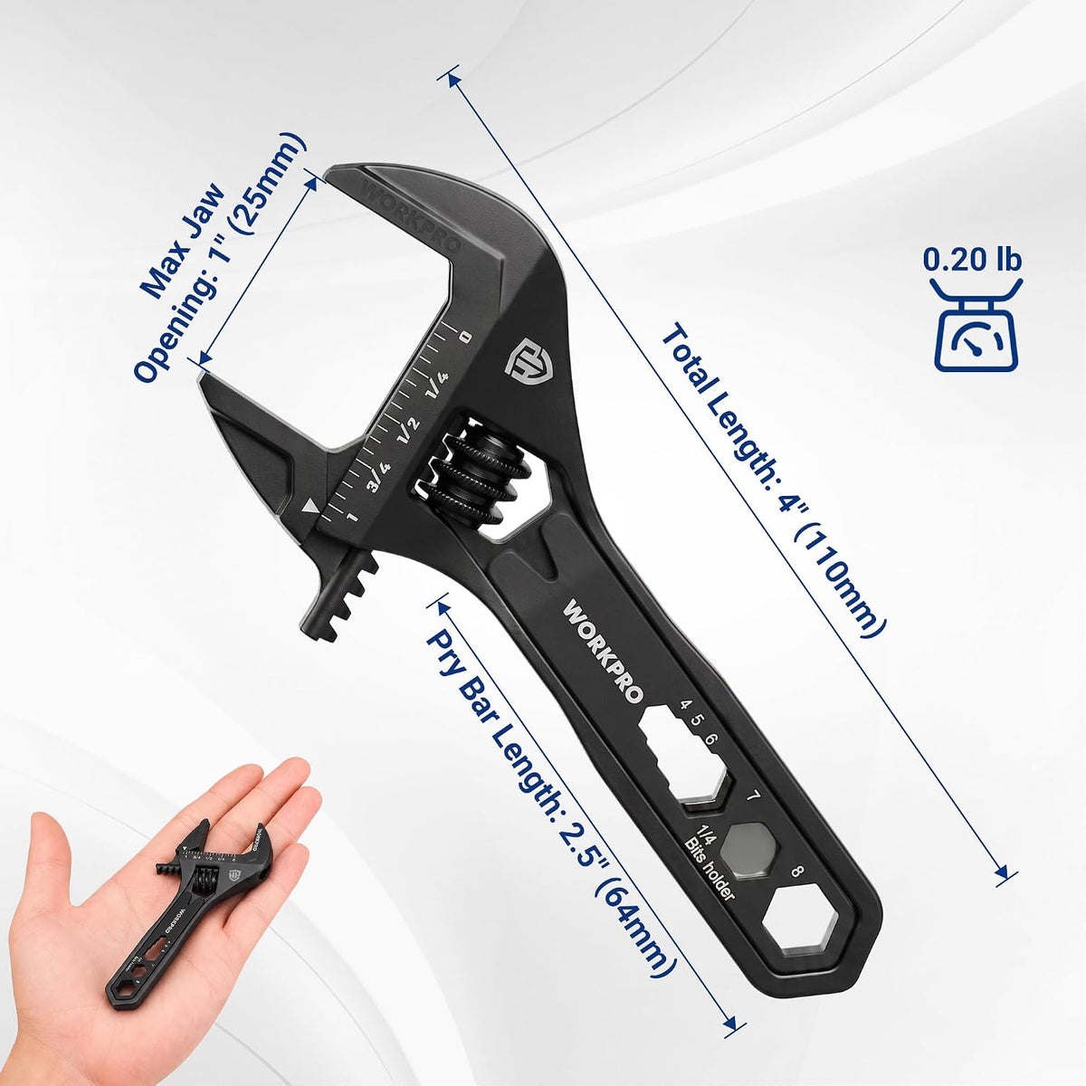 WORKPRO adjustable wrench multitool in matte black metal, wide jaw opening with 9-in-1 mini wrench design