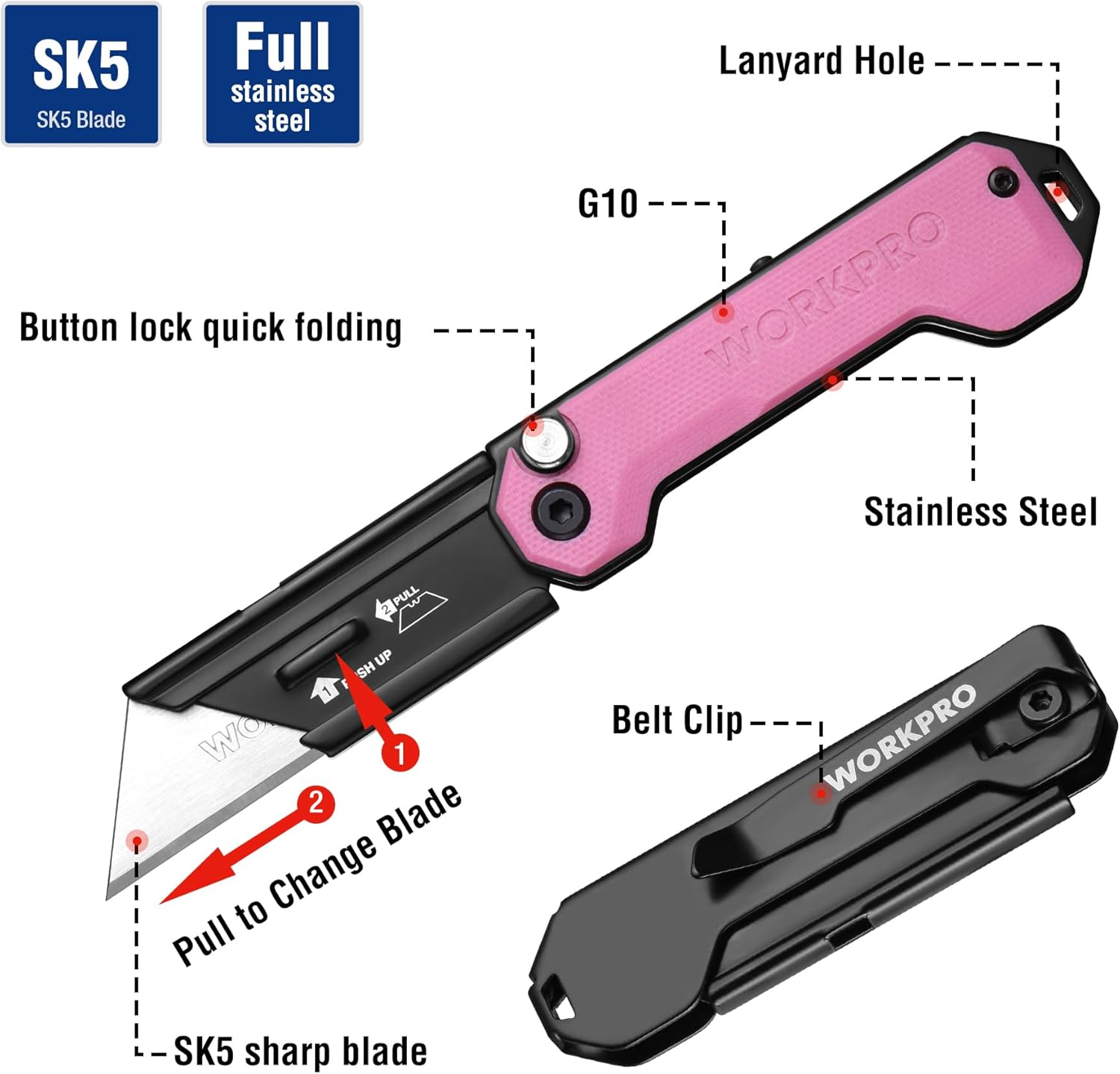 Pink folding utility knife with belt clip and button lock; shows stainless-steel blade.