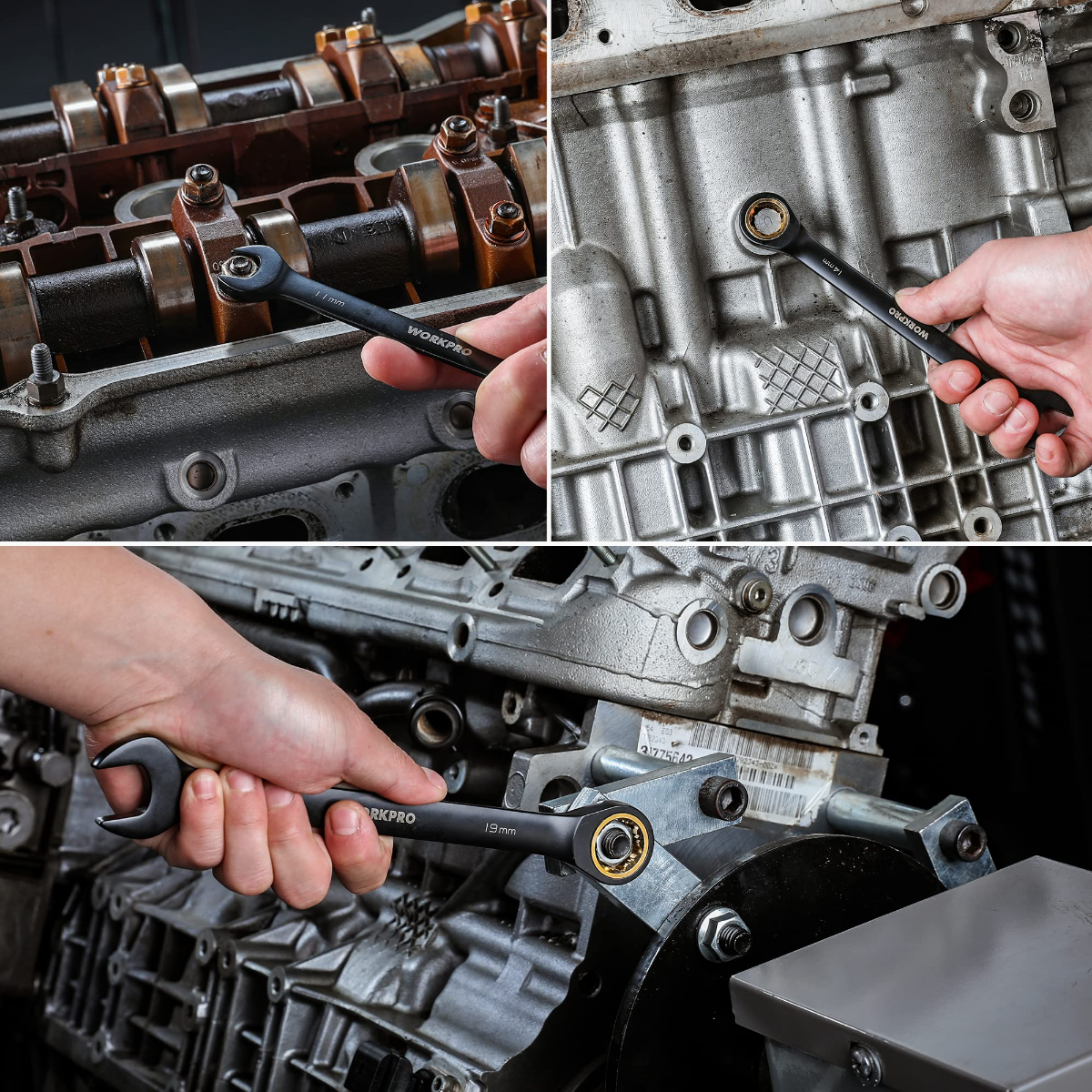 WORKPRO black ratcheting combination wrenches in use on engine parts, close-up view