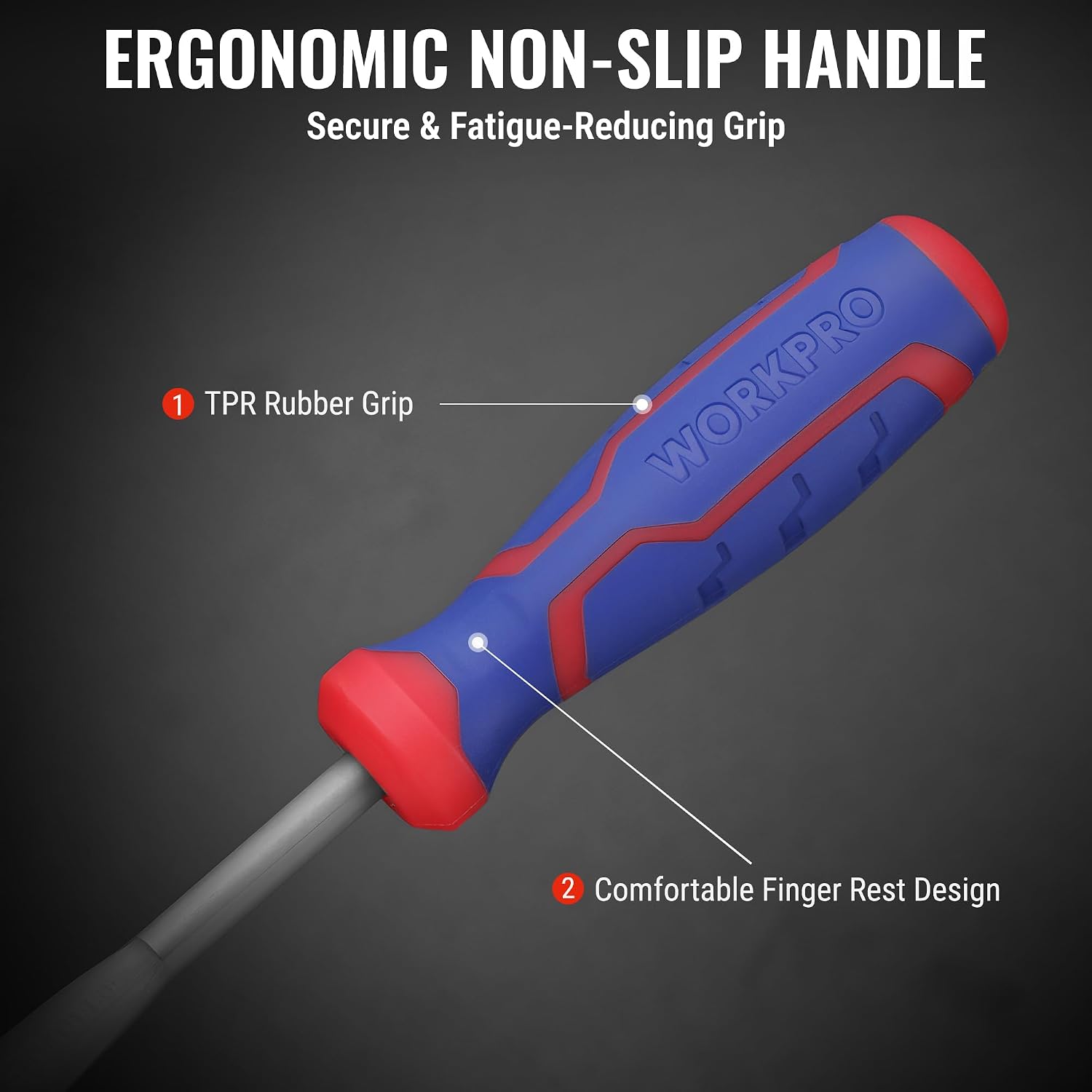 Ergonomic non-slip needle file handles with red finger rest and gray shafts