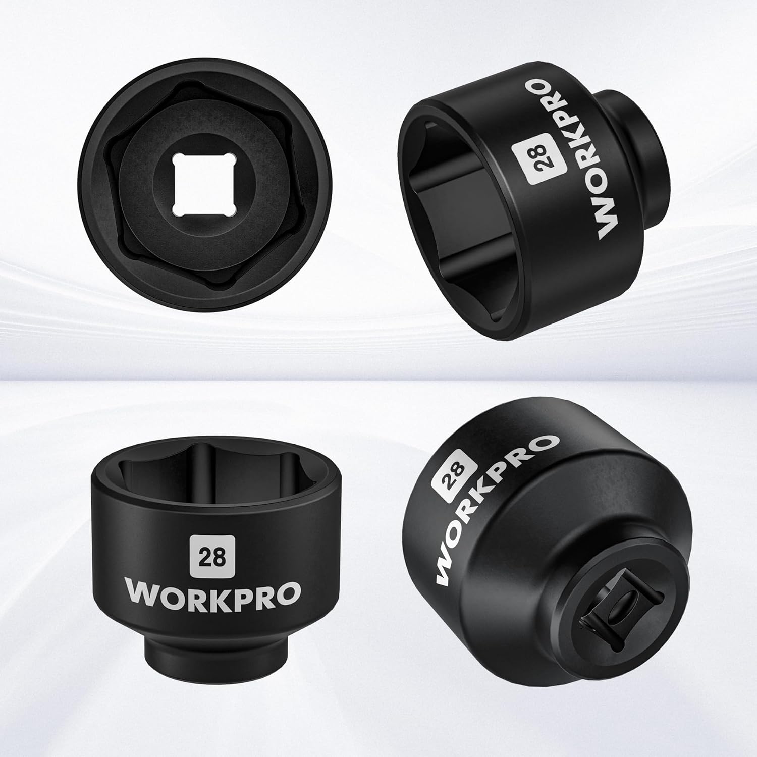 WORKPRO 28mm oil filter socket wrench, black, multiple angles showing drive opening