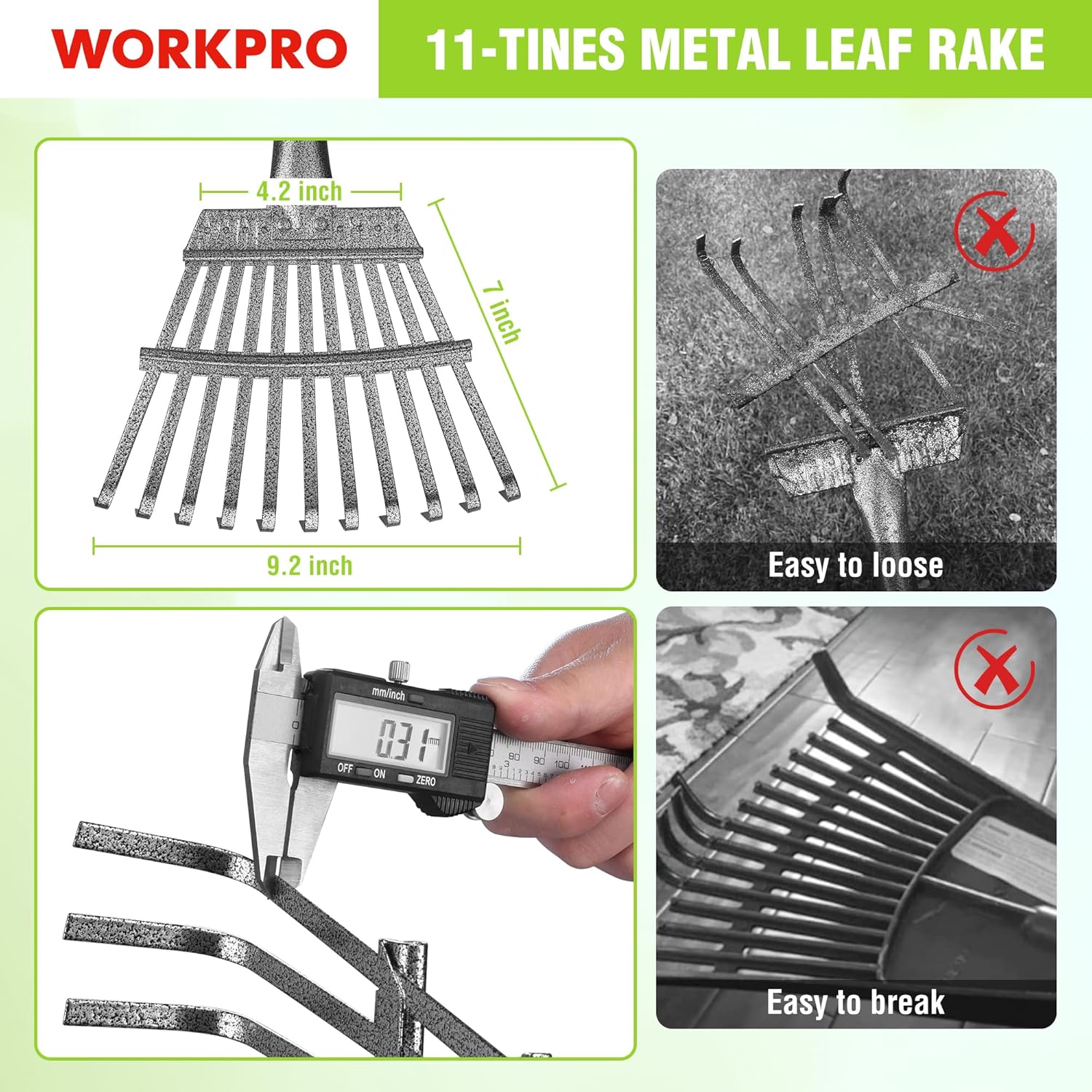11-tine metal leaf rake head with gray finish, showing evenly spaced steel tines.