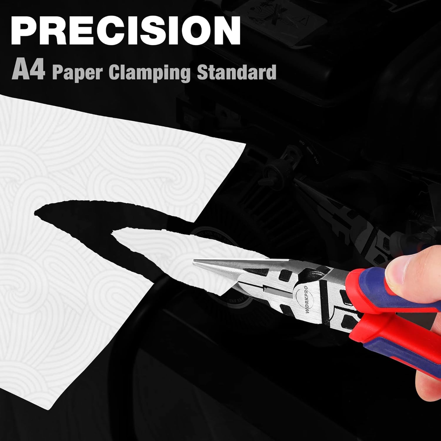 Needle-nose pliers clamping a paper sheet with red-blue soft-grip handles