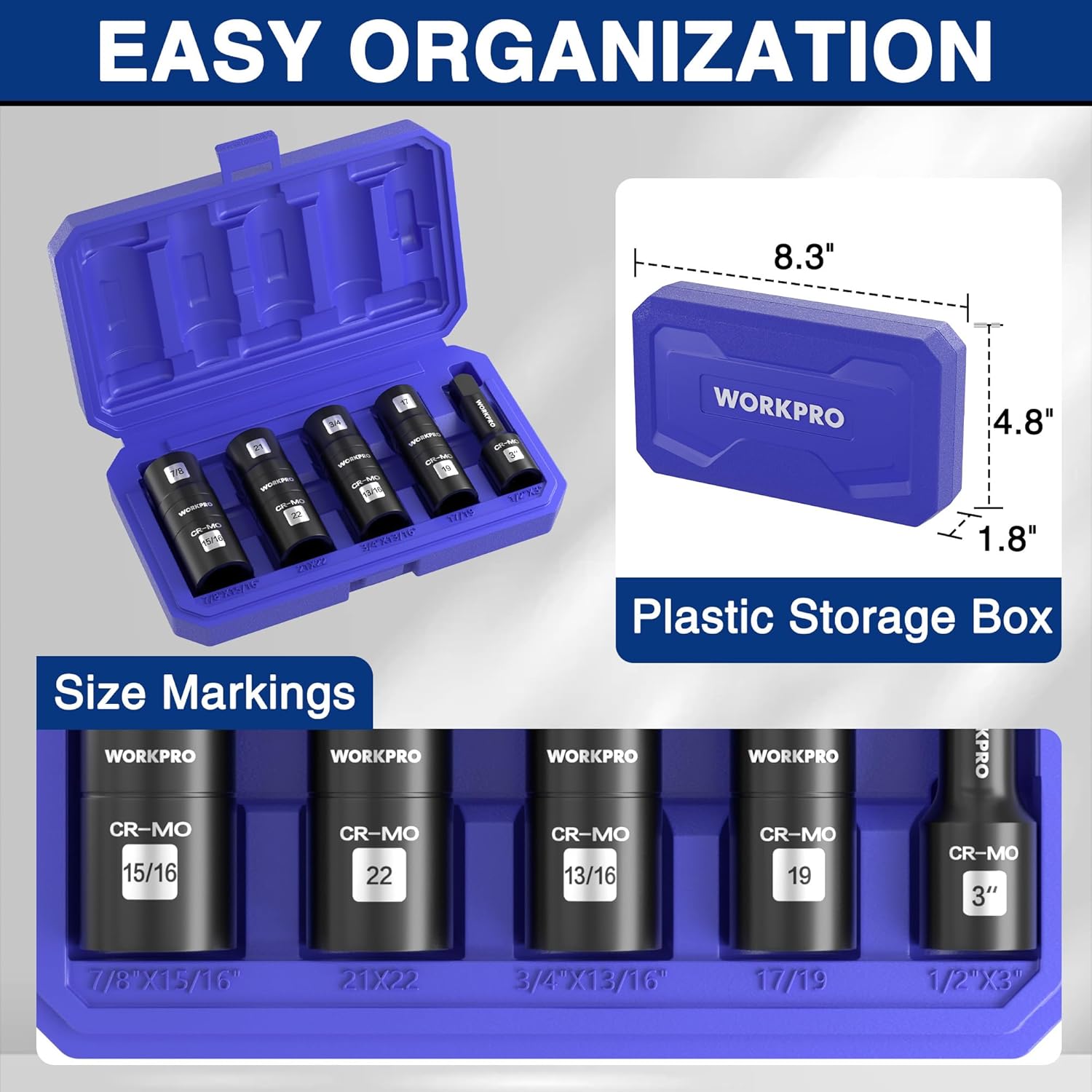 Flip socket set in a blue plastic storage case with size markings on CR-Mo sockets