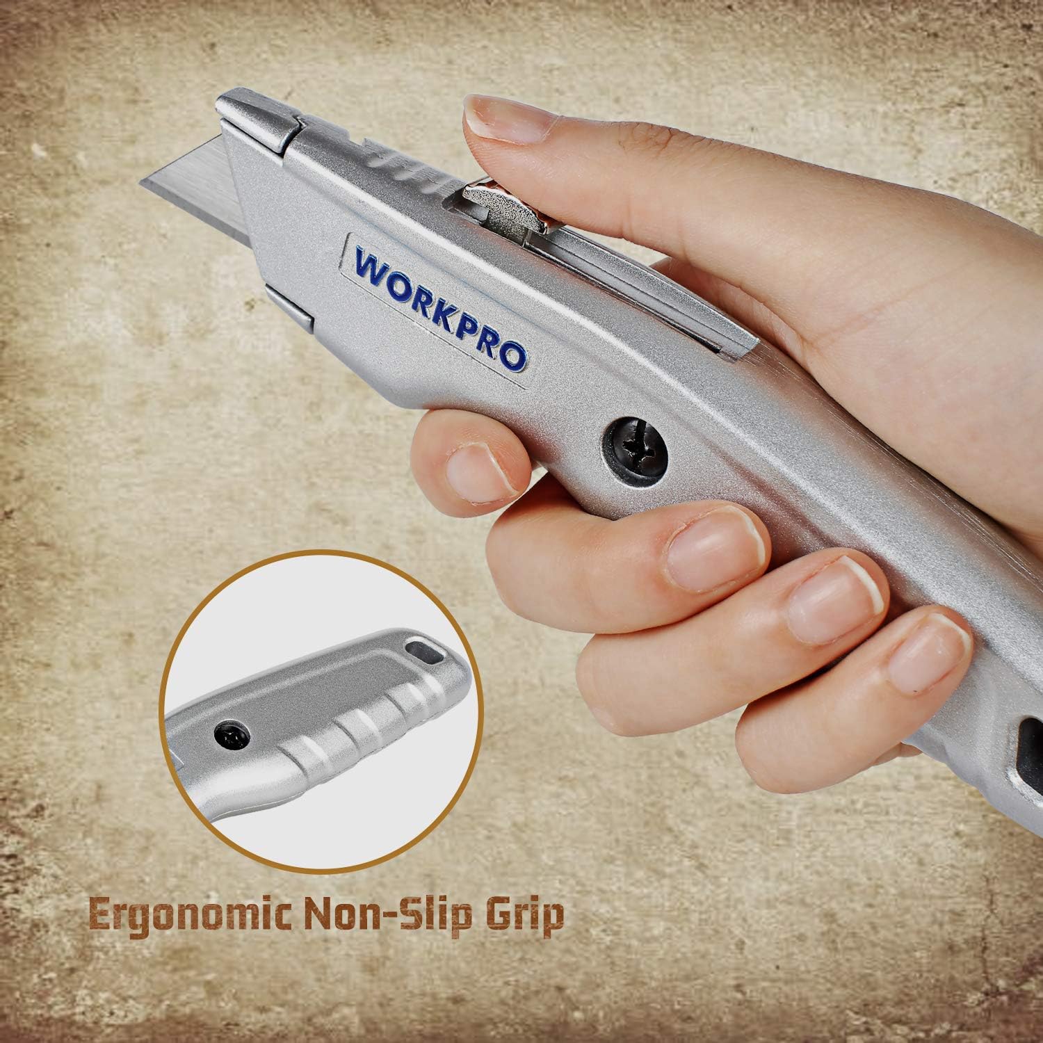 Retractable utility knife, silver ergonomic non-slip grip with blade retracted