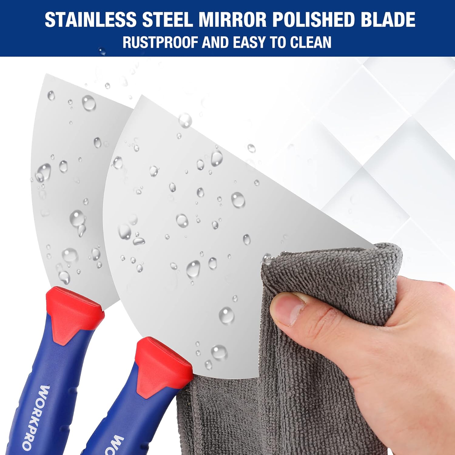 Stainless steel taping knife with red-and-blue handle and mirror-polished blade