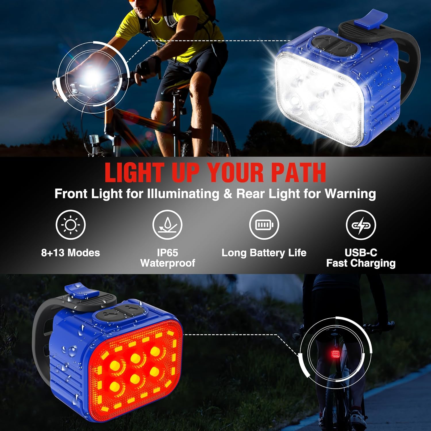 Rechargeable bicycle light set with blue front headlight and red rear tail light