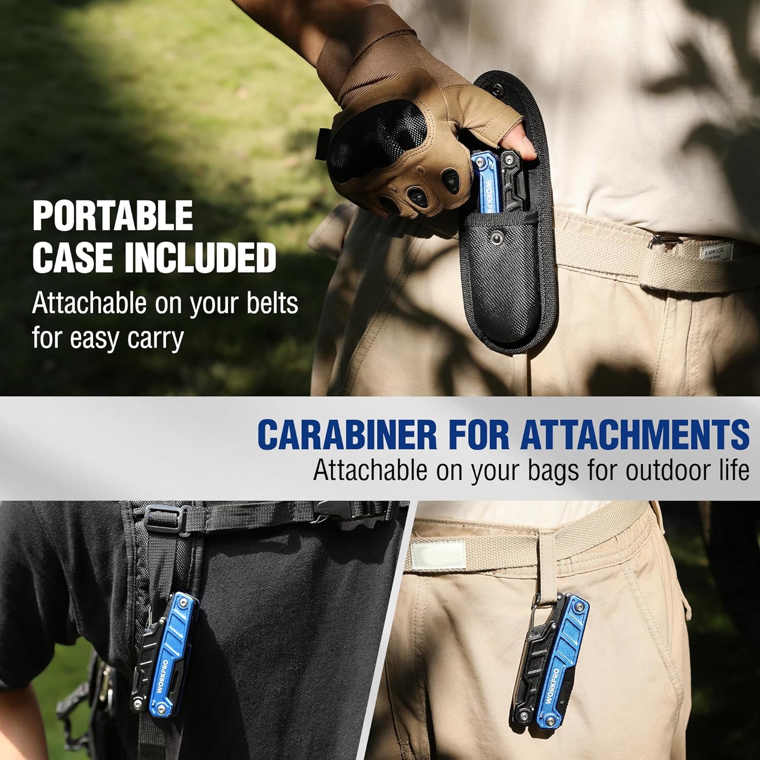 Blue and black multitool pliers clipped to belt with carabiner and fabric pouch