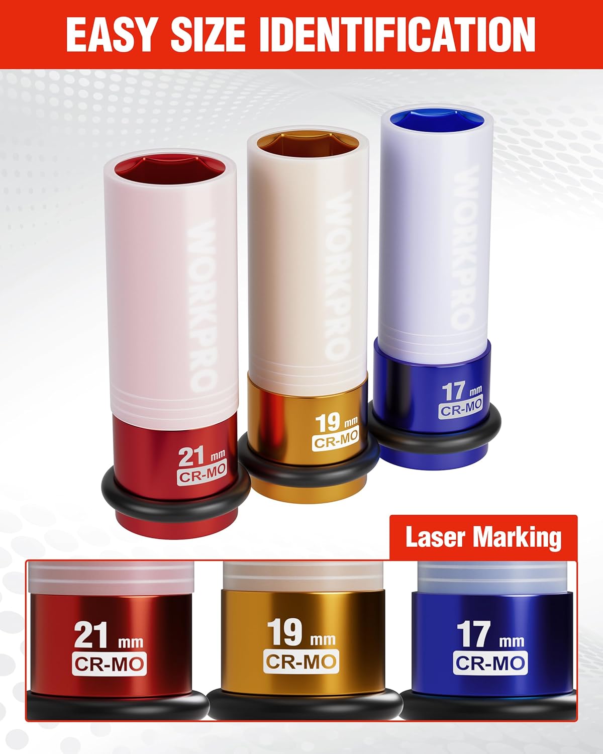 21 mm lug nut socket with laser marking, red CR-Mo end, impact duty sleeve