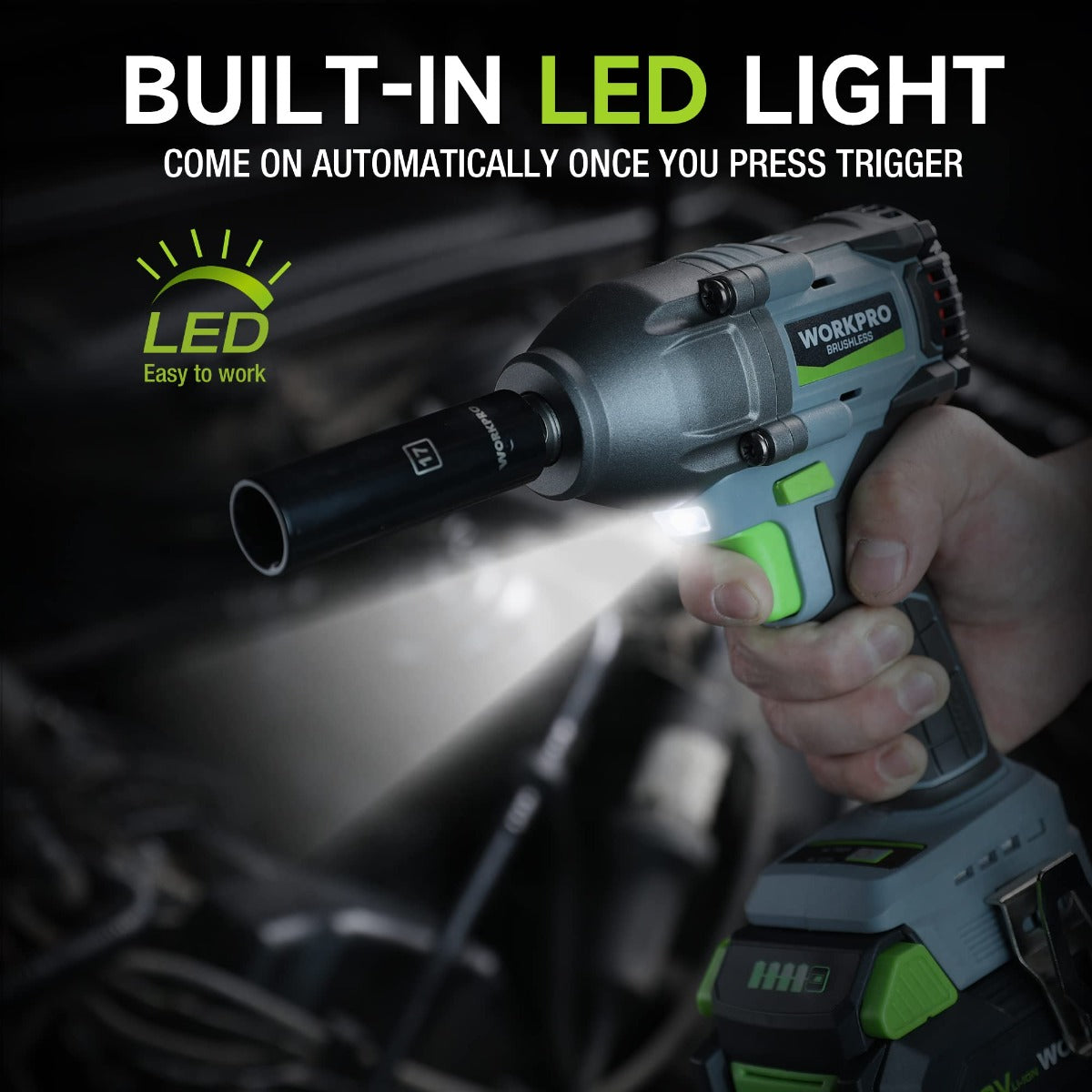 20V cordless impact wrench with bright LED light on the front housing