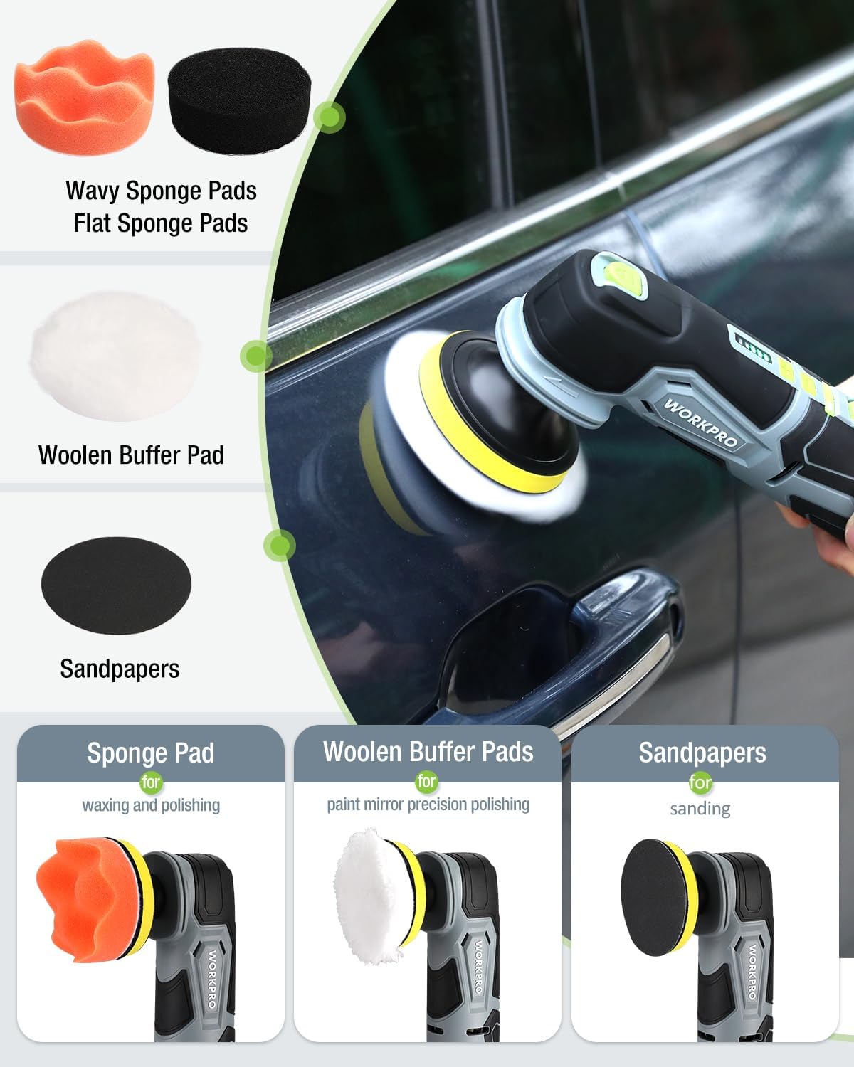 Cordless buffer polisher accessories: wave sponge pads, wool pad, and sandpaper sheets