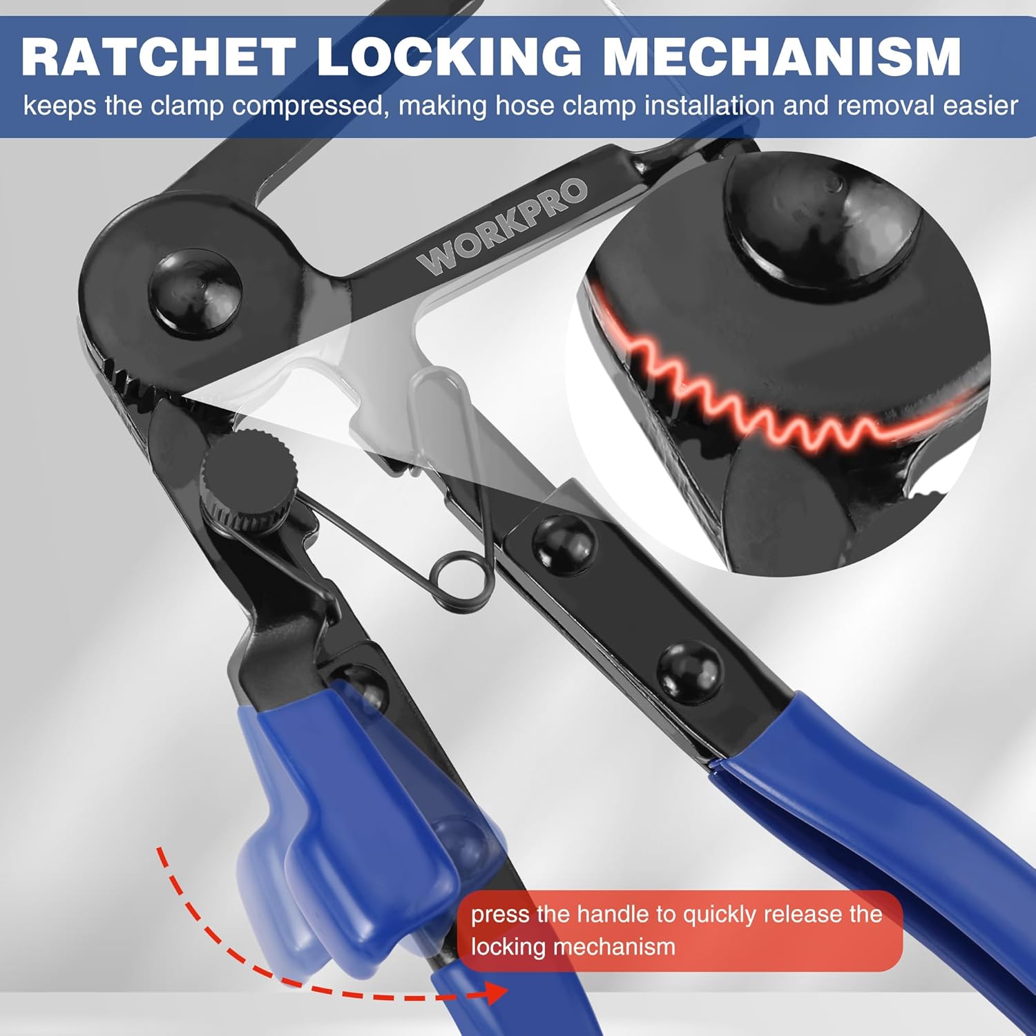 WORKPRO ratcheting hose clamp pliers with quick-release locking mechanism
