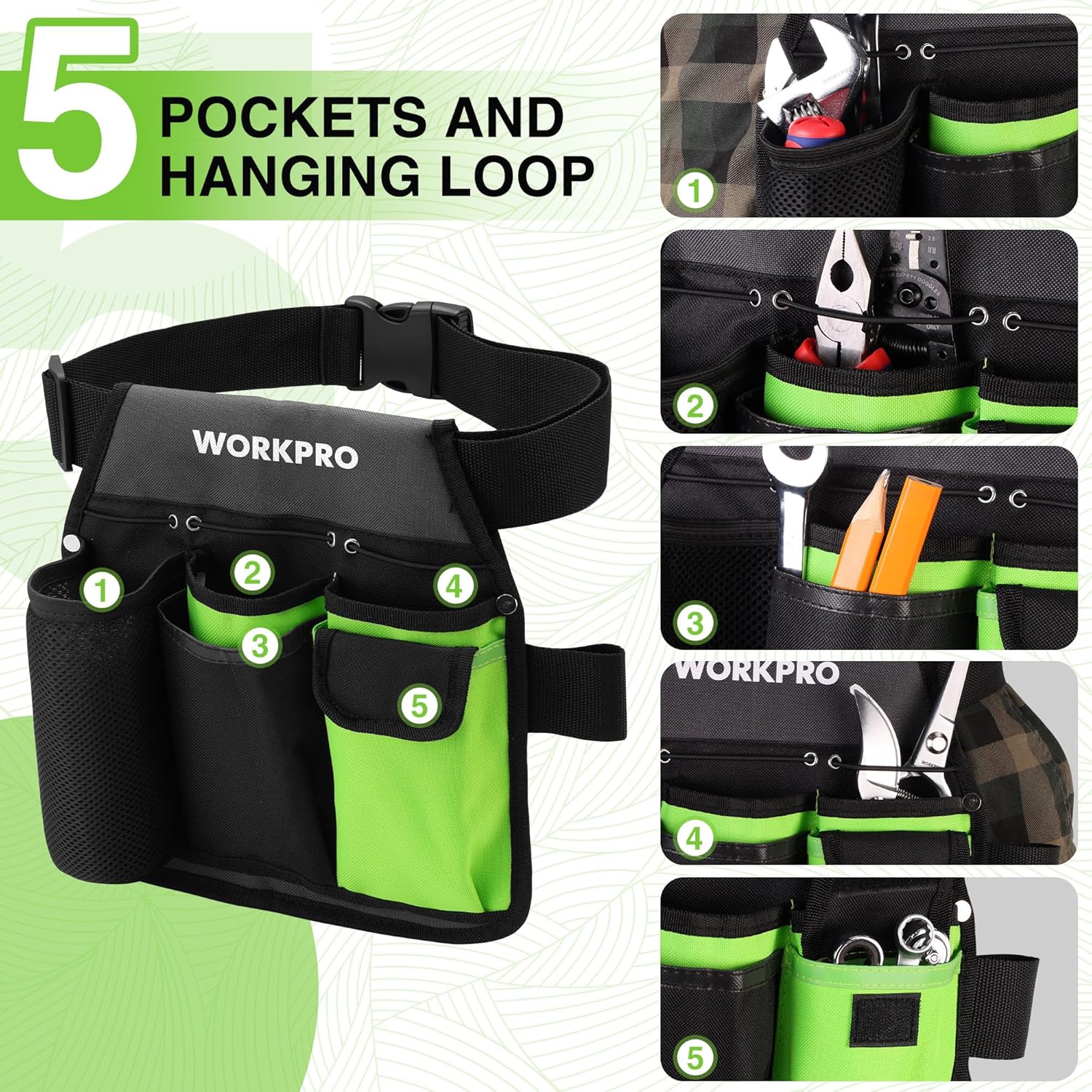 Tool belt pouch with five pockets and hanging loop, black fabric with neon green accents