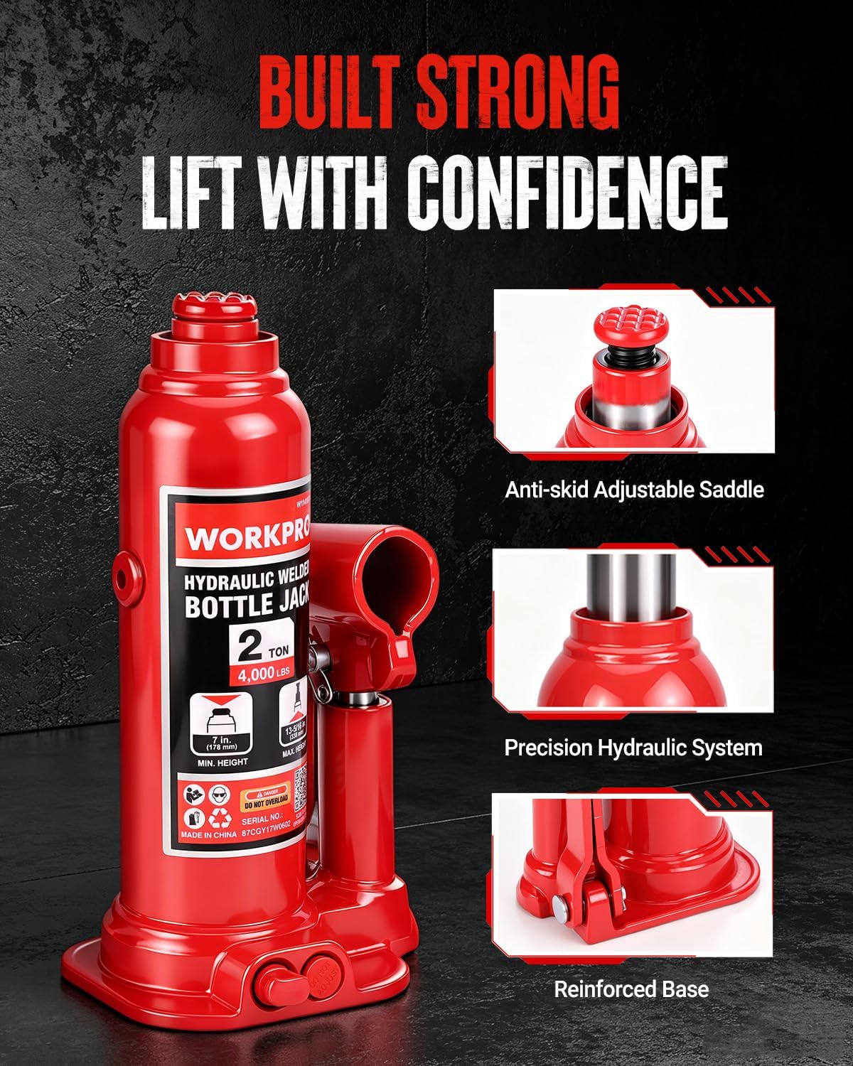 WORKPRO Bottle Jack, 2 Ton Heavy Duty Hydraulic Car Jack with Storage Case