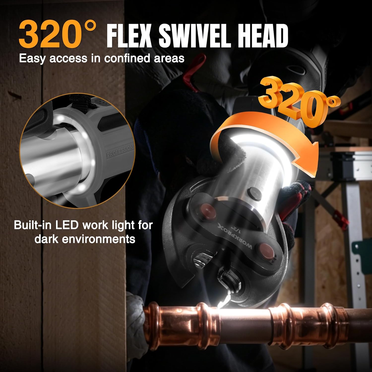 Cordless crimping tool with 320° swivel head and built-in LED work light