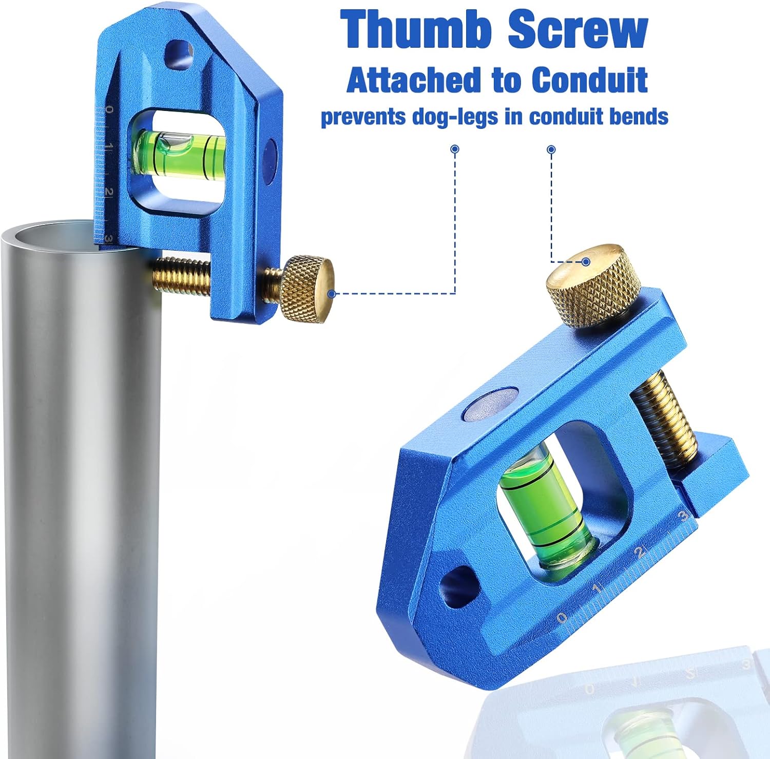 Blue torpedo level with green bubble vial, conduit thumb screw, and hanging bolt