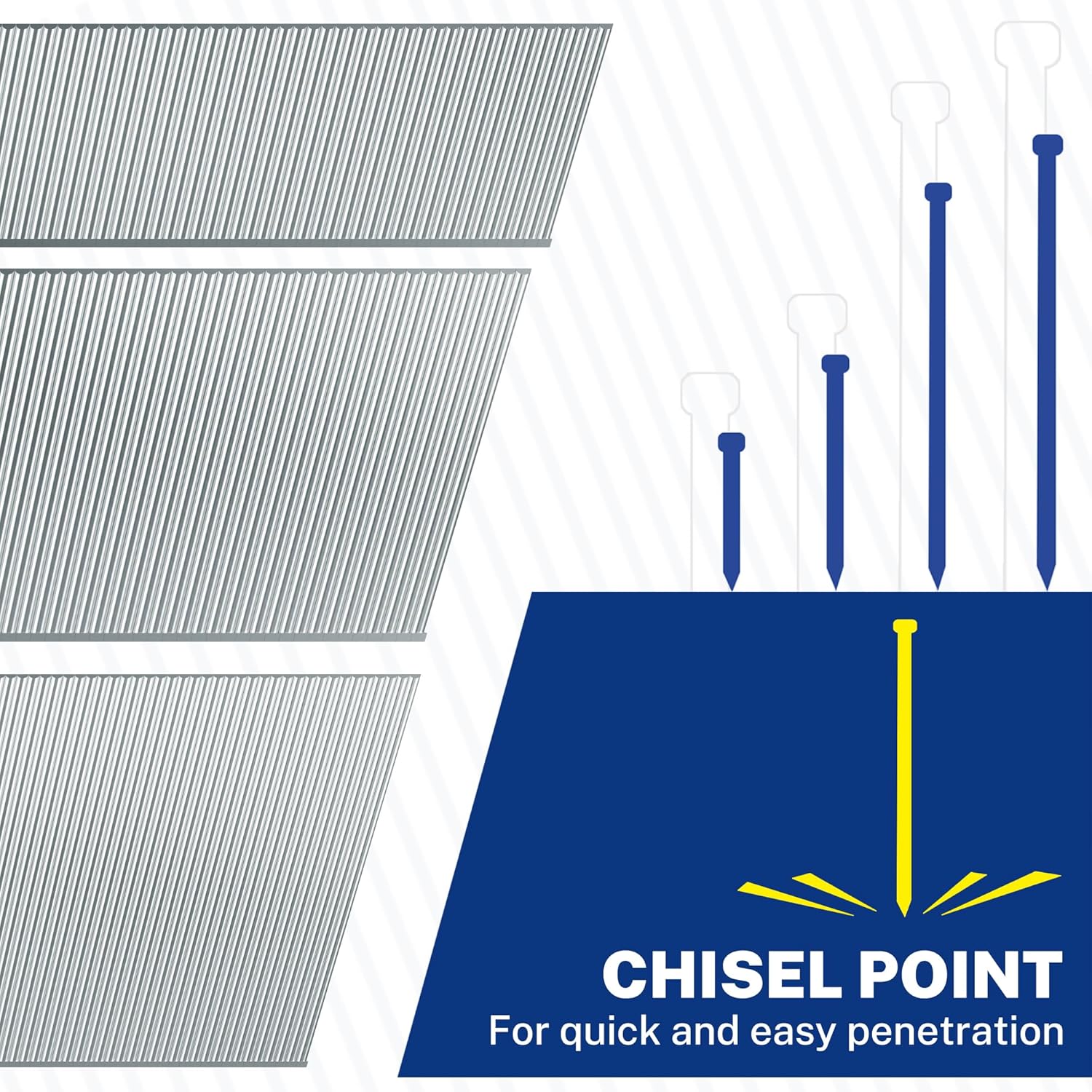 18-gauge brad nails with chisel point tips for quick, easy penetration