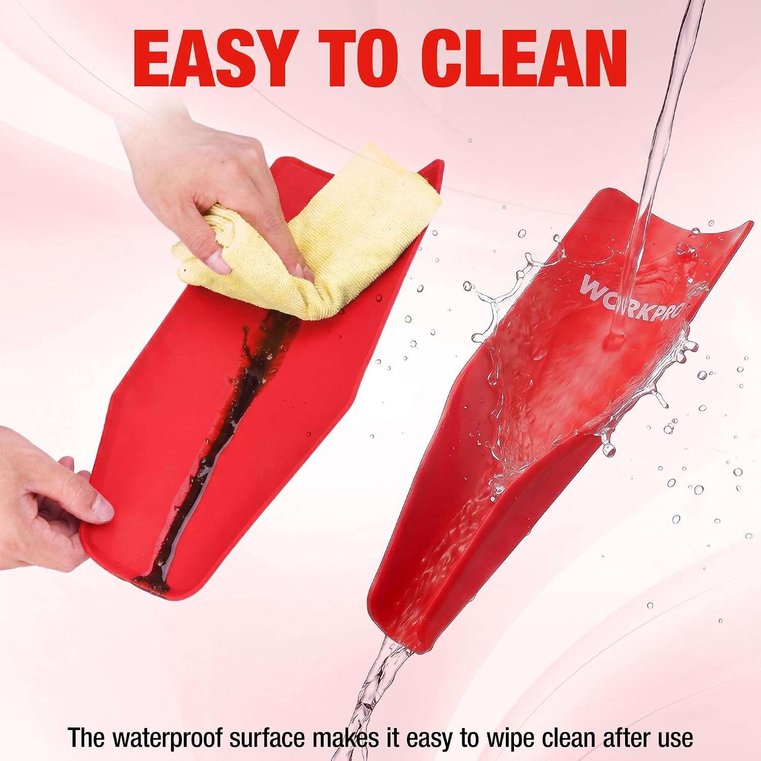 WORKPRO red flexible oil funnel being wiped clean after use