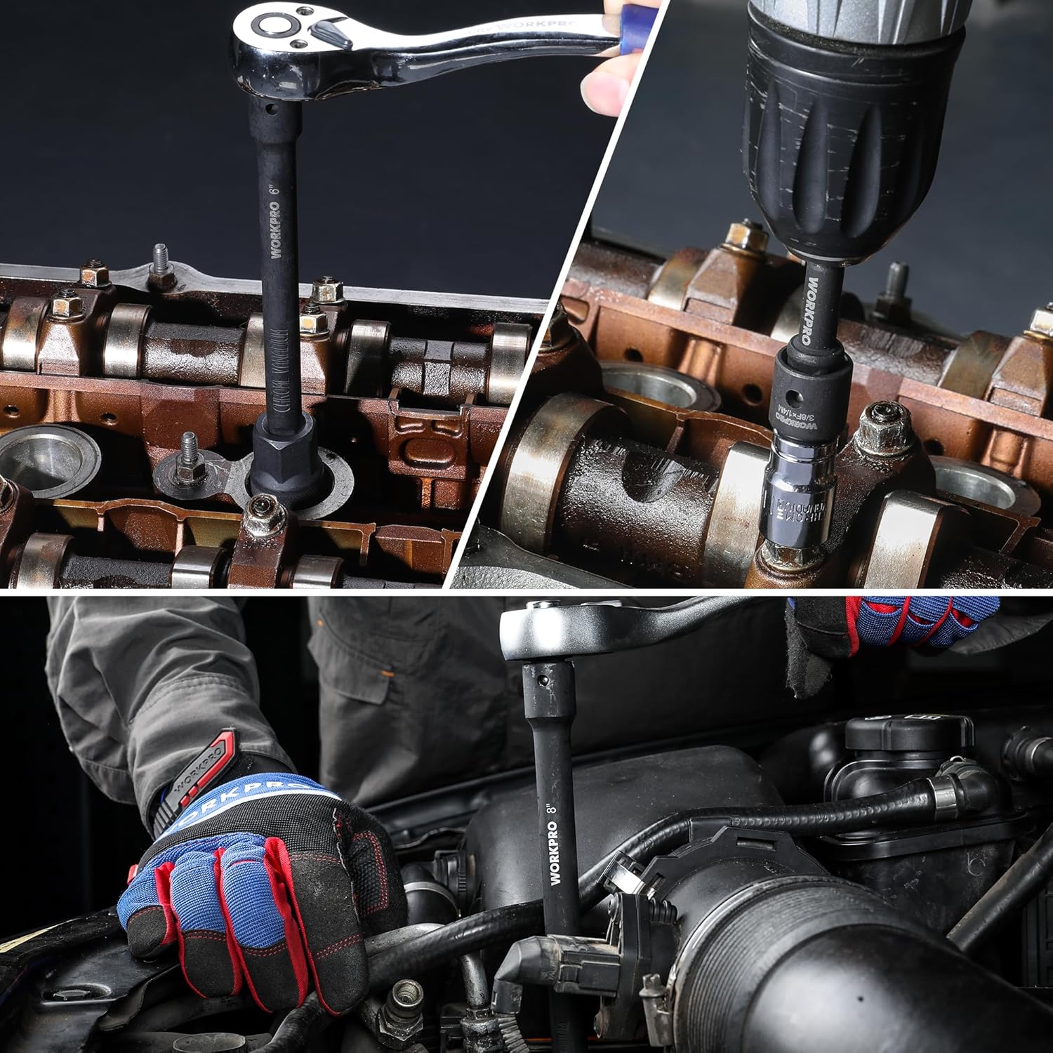 WORKPRO 1/2-in drive extension bars in use on a mechanical engine part