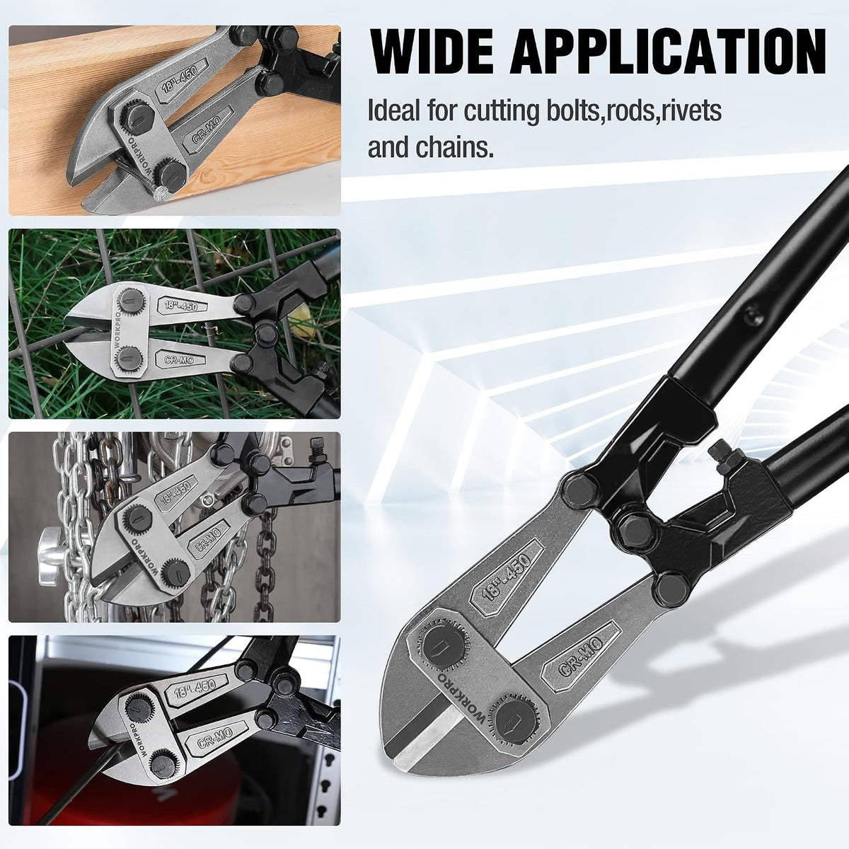 WORKPRO Bolt Cutter, Bi-Material Handle with Soft Rubber Grip, 18", Chrome Molybdenum Steel Blade