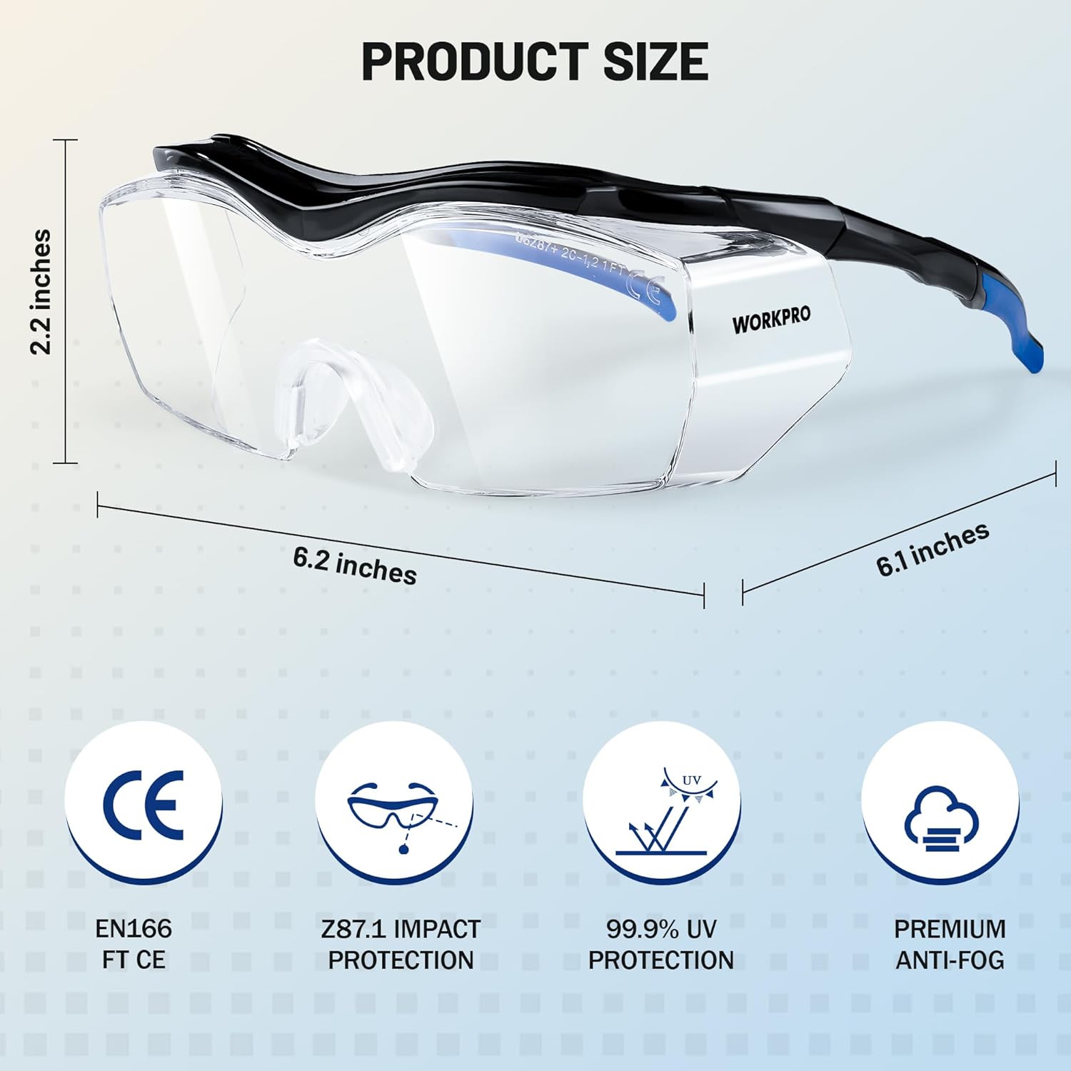 WORKPRO safety goggles, clear wraparound lens with black frame and blue side arms