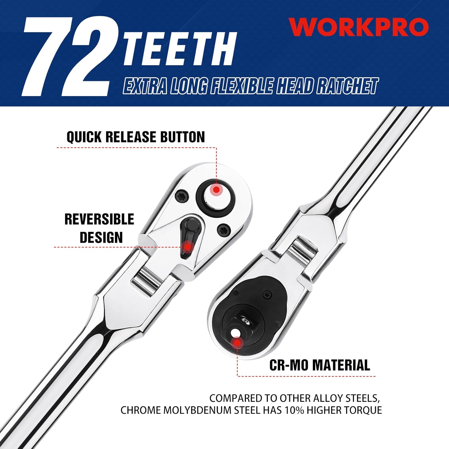 3/8 in drive long flex-head ratchet with quick-release button and reversible head