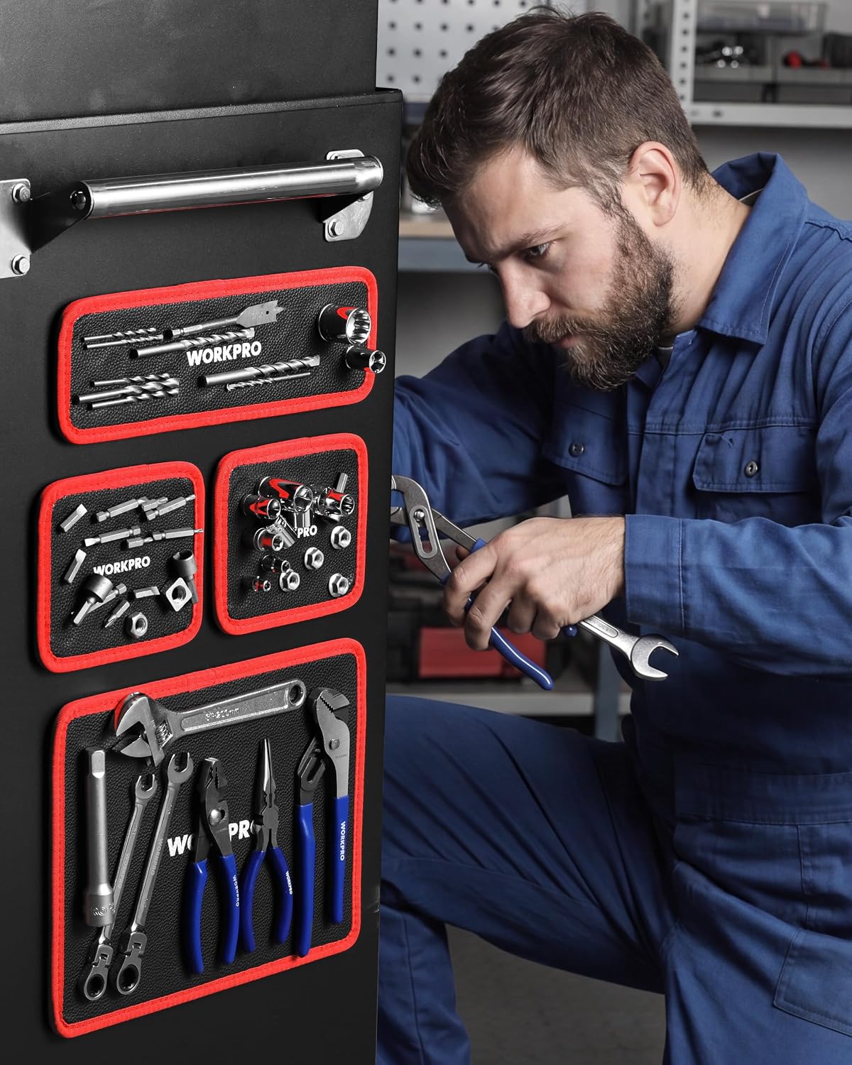 WORKPRO magnetic tool tray set on wall; worker reaches for a wrench
