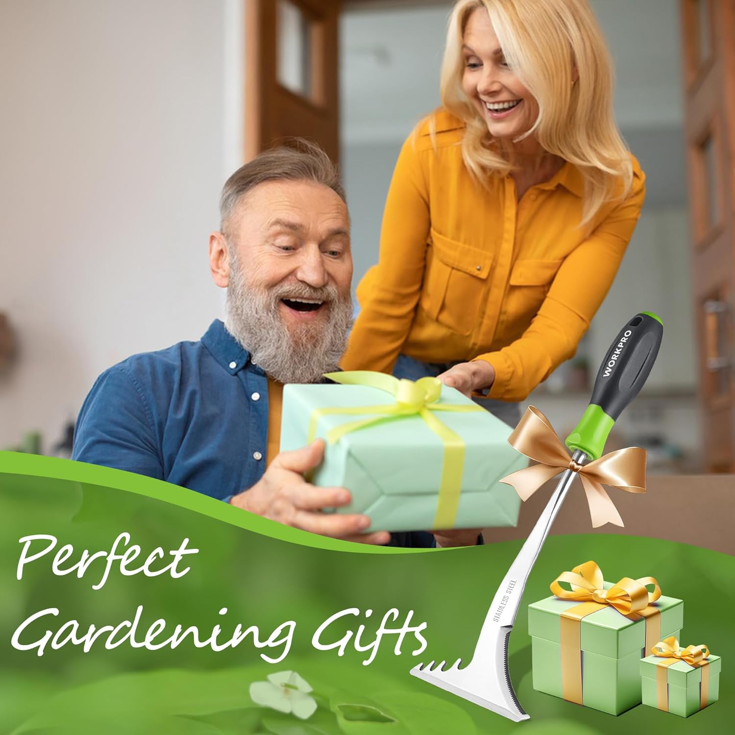 Garden weeding tool with stainless steel blade and green handle, tied bow gift-ready