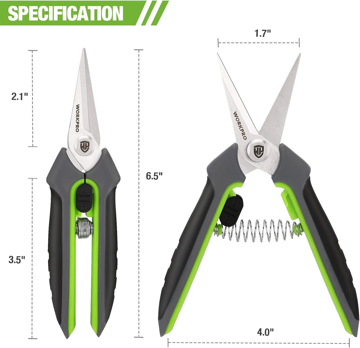 Green and black 6.5-inch pruning shears with straight blades and protective blade cap