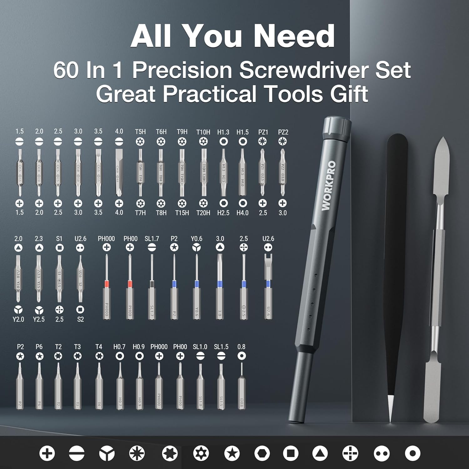 WORKPRO 60-in-1 precision screwdriver set with many interchangeable bit tips