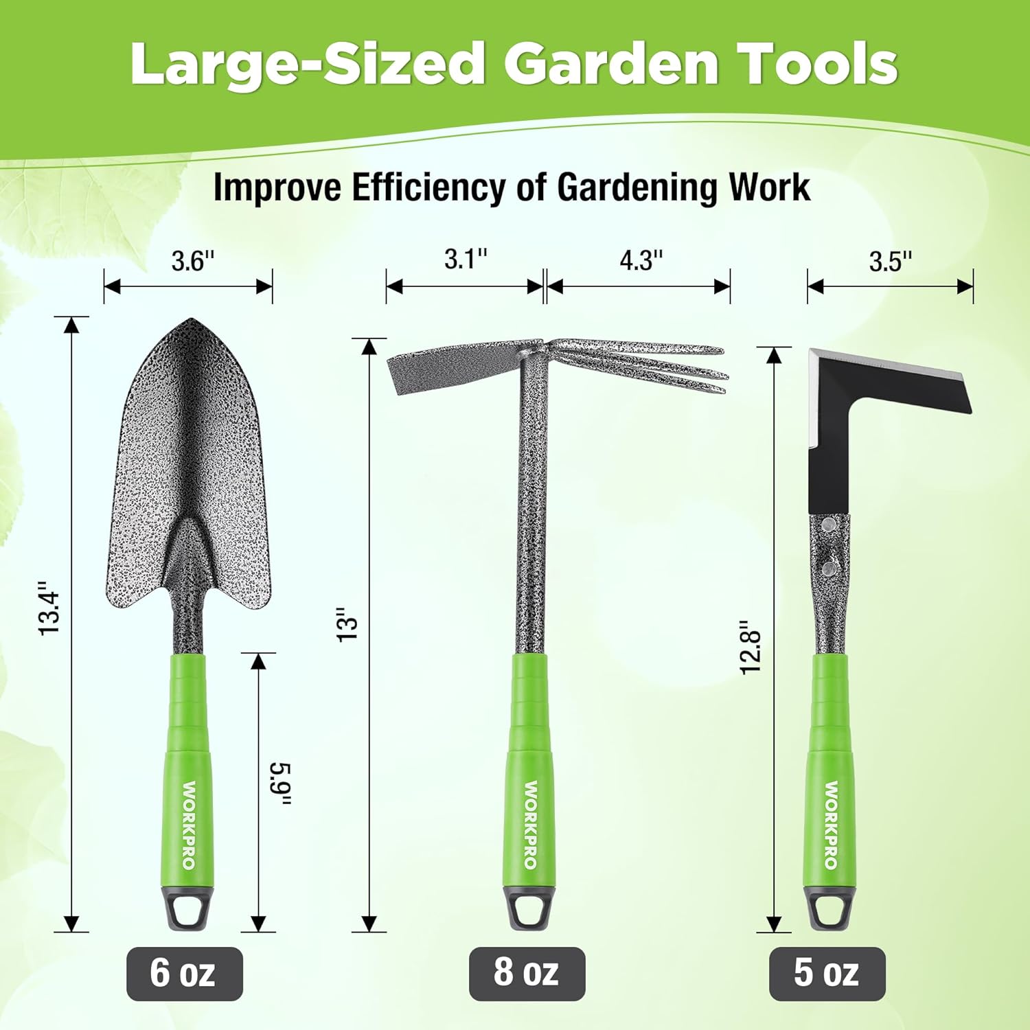 Assorted garden hand tools with textured metal heads and green rubber handles