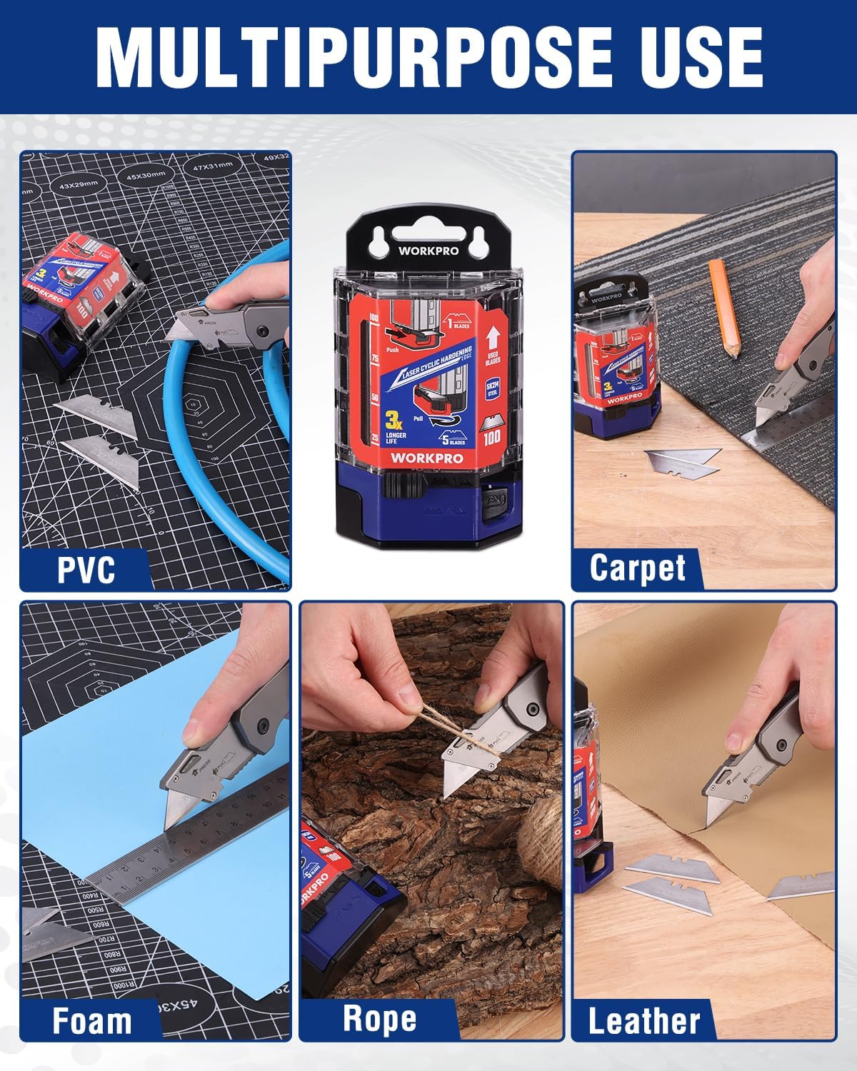 Utility knife replacement blades for PVC, carpet, foam, rope, leather and more