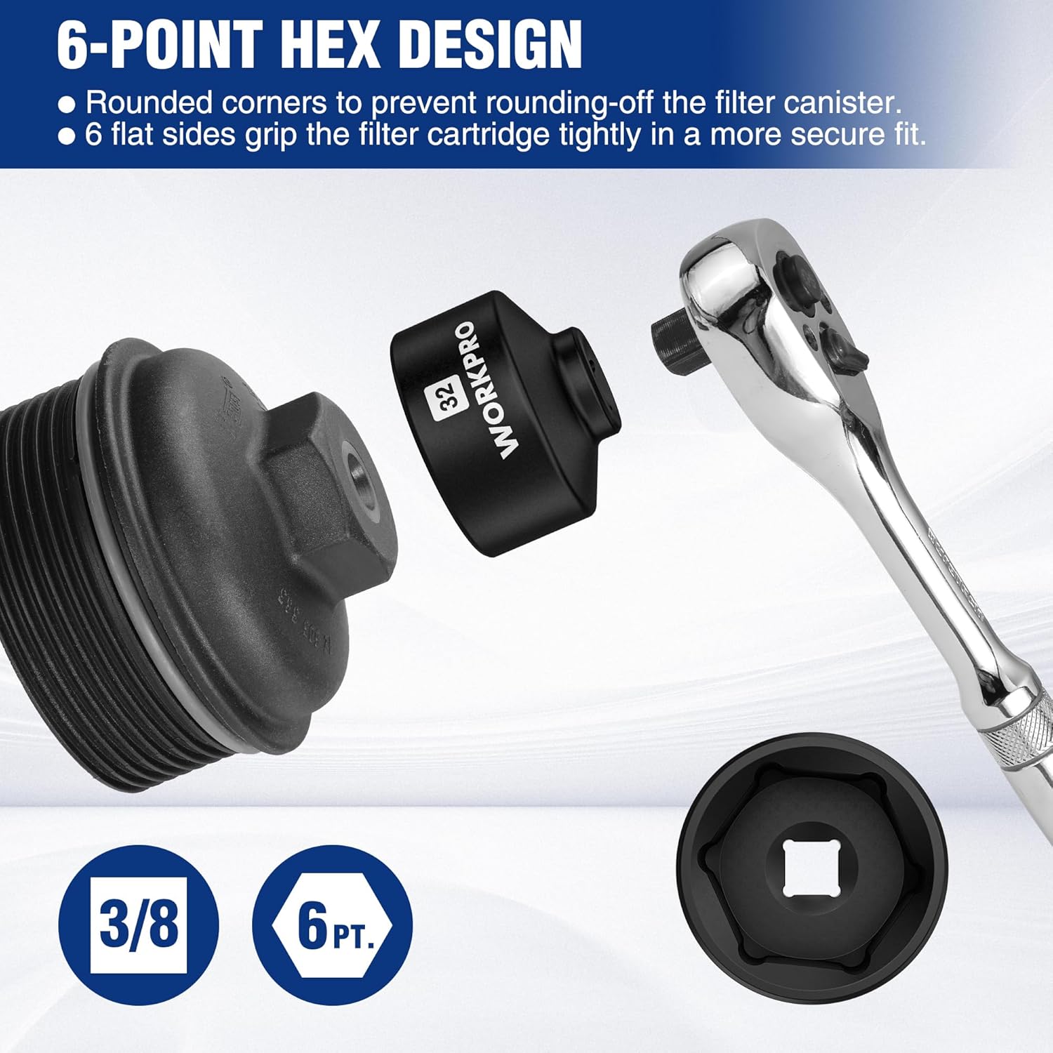 WORKPRO 32mm oil filter socket with 6-point hex sides for tight filter grip