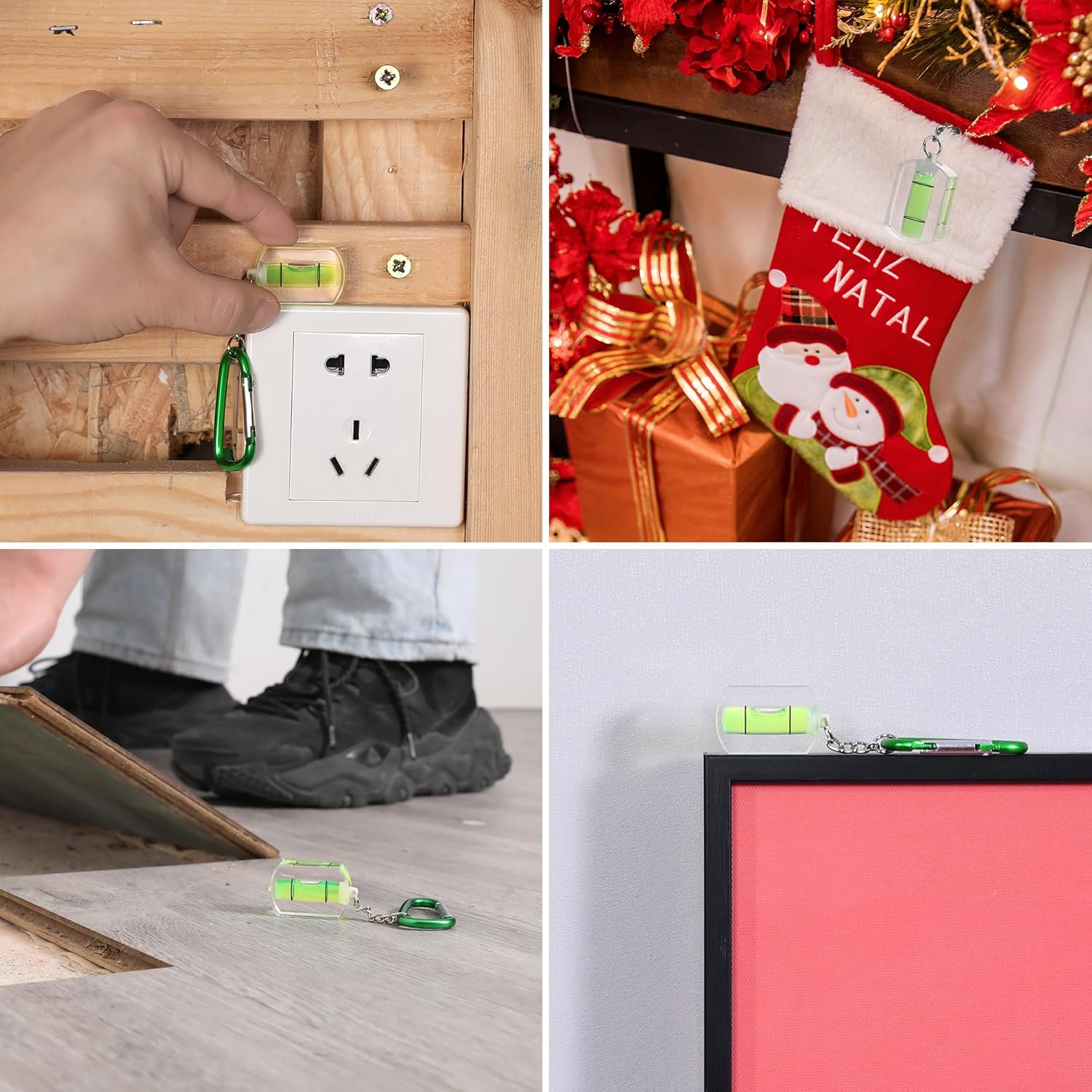Mini bubble level keychain hanging from wall hardware and holiday ornament