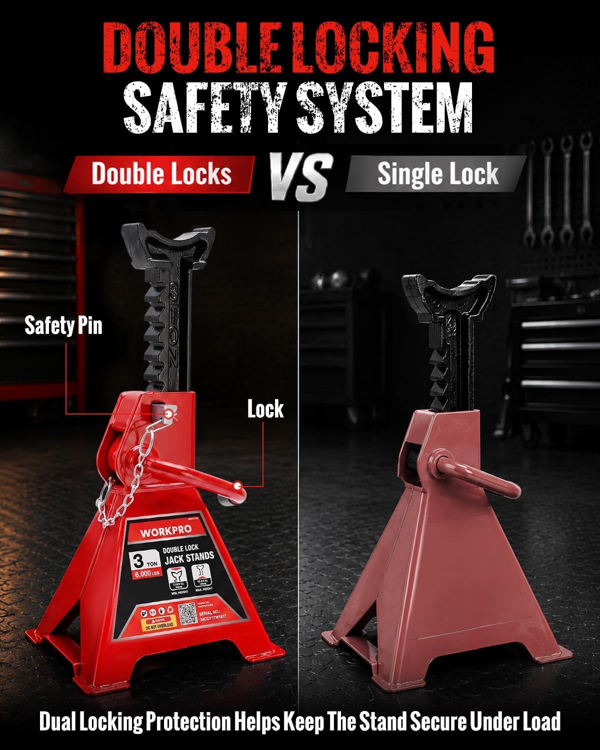 WORKPRO 3 Ton Jack Stands with Double Lock, 6000 LBS Capacity, 1 Pair