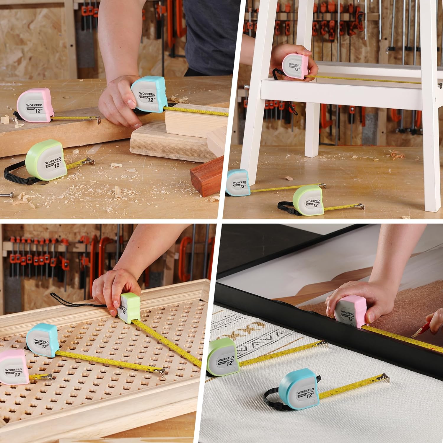 Small mini tape measures in blue, pink, and green with straps for measuring wood