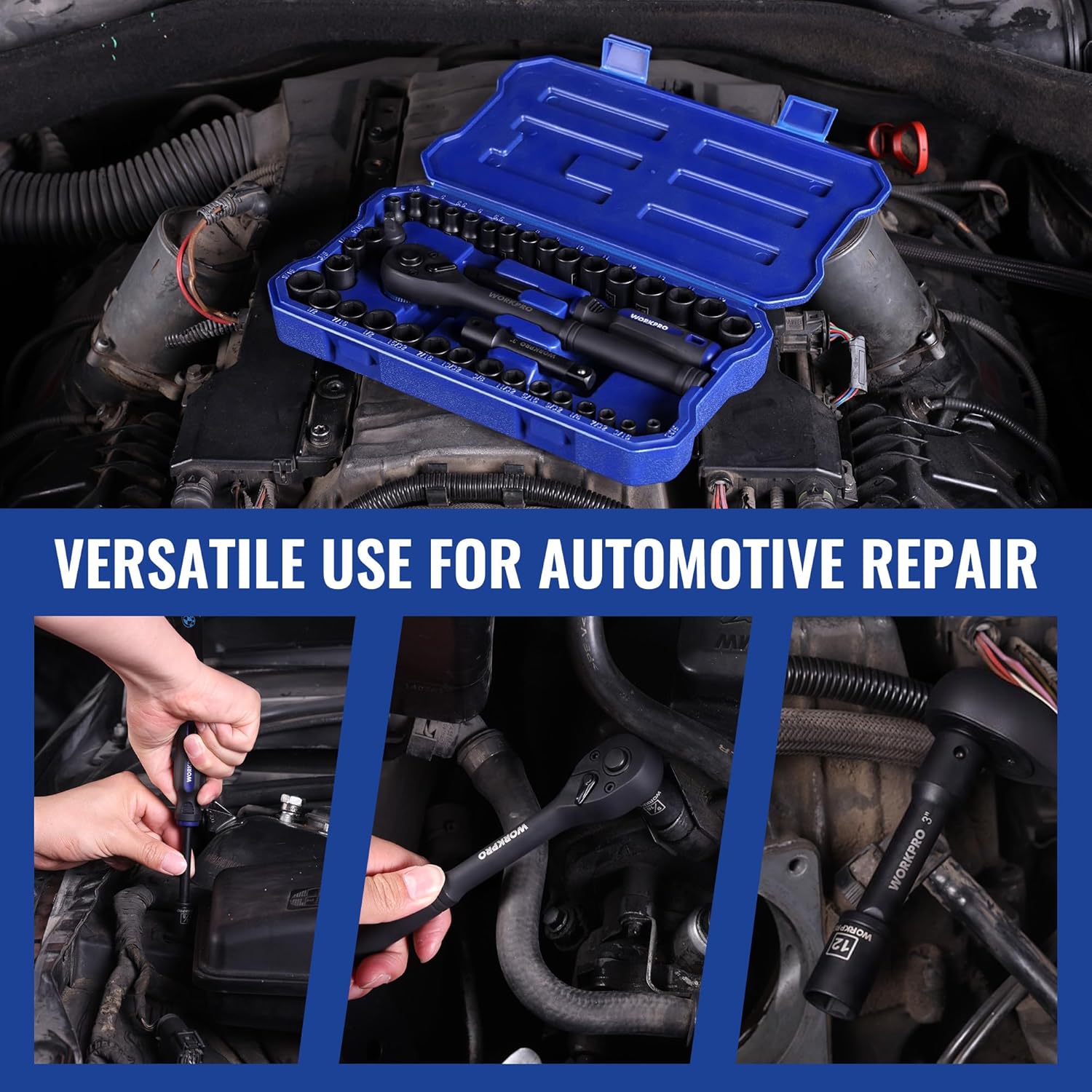Blue organizer case holding a black socket wrench set for automotive repair