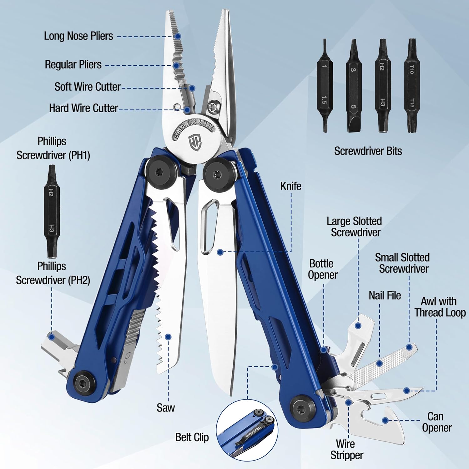 Blue multitool with pliers, saw, knife, wire stripper, bottle opener, and screwdriver bits