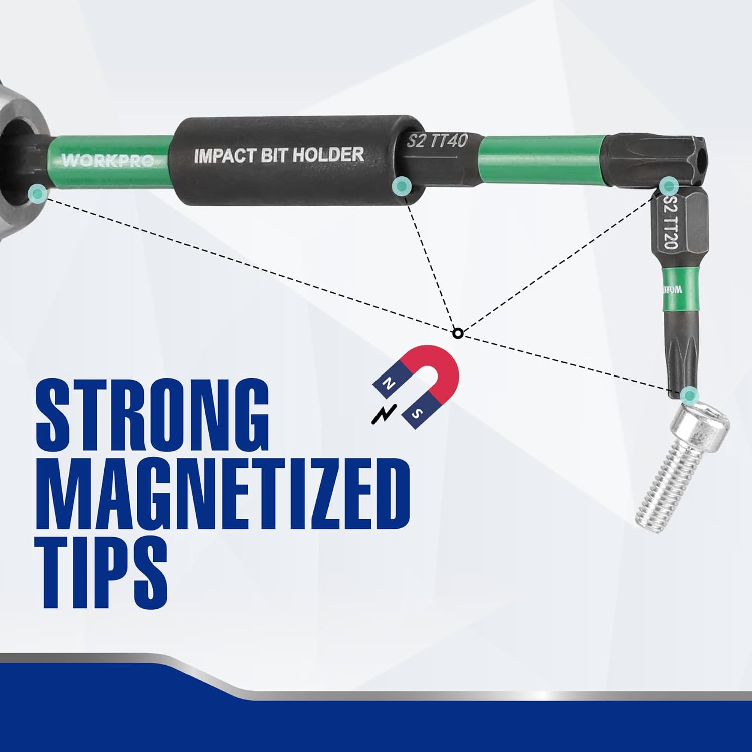 WORKPRO impact bit holder and security Torx bits with green tips and magnetic ends