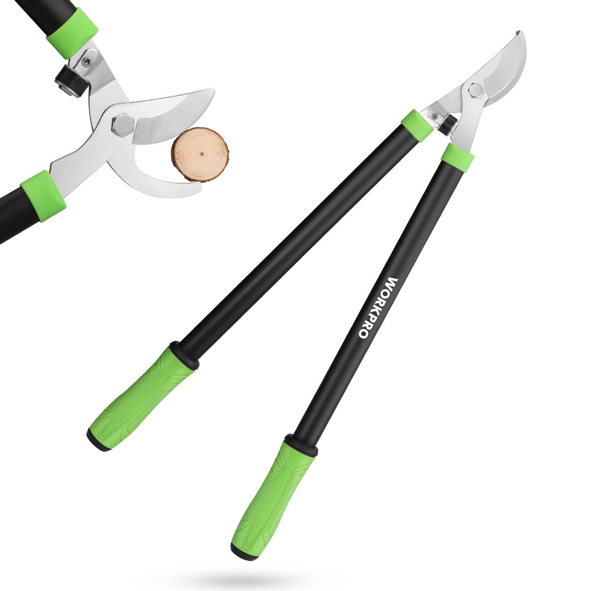 WORKPRO bypass lopper with green grips, black handles, and silver cutting blades