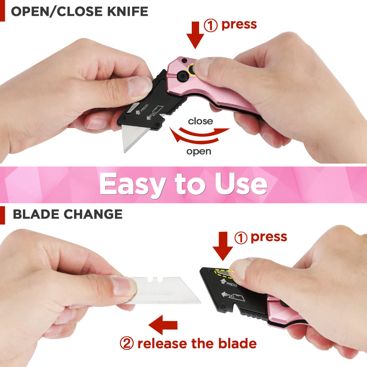 Pink folding utility knife with press-to-open blade mechanism, held in hands