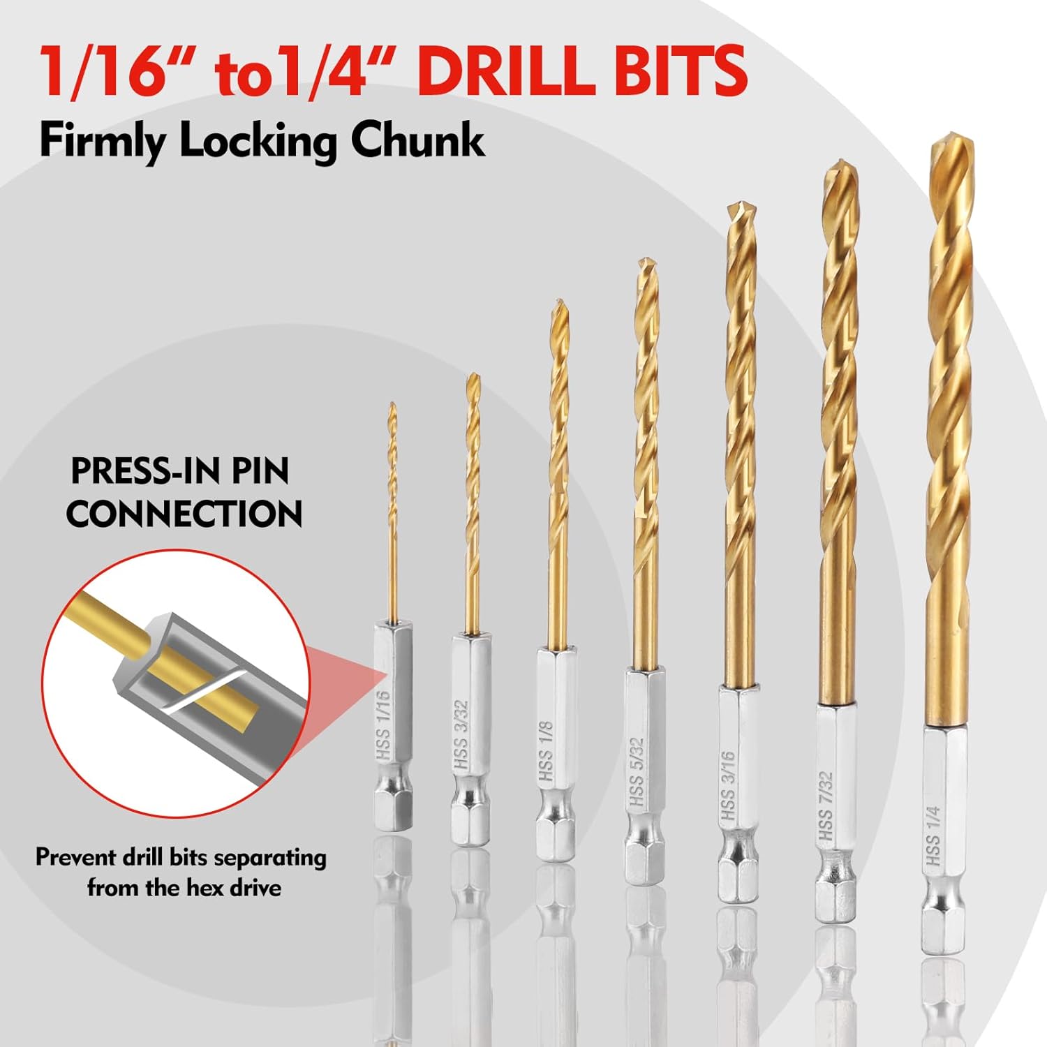 Hex shank drill bit set with gold bits and silver hex shank ends