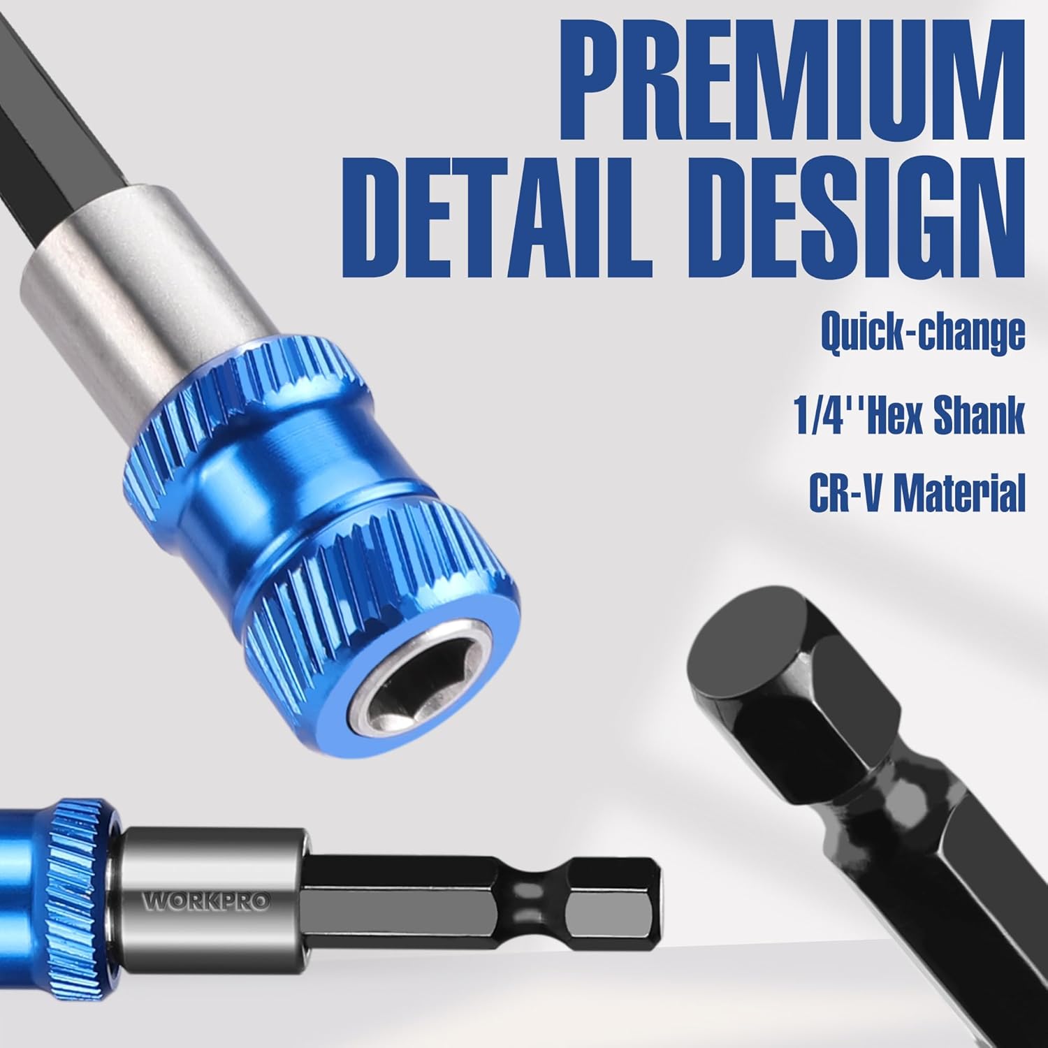 Blue and silver hex quick-change drill bit holder, CR-V material