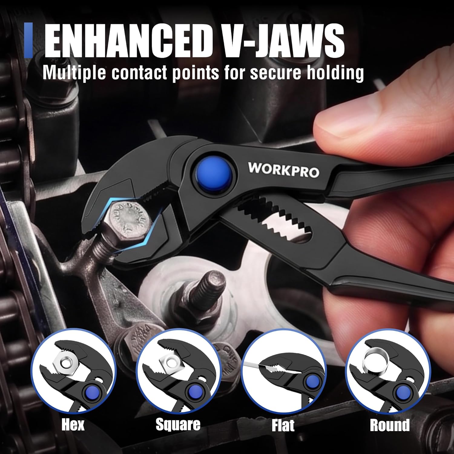 Enhanced V-jaw mini plier wrench with blue pivot and serrated gripping teeth
