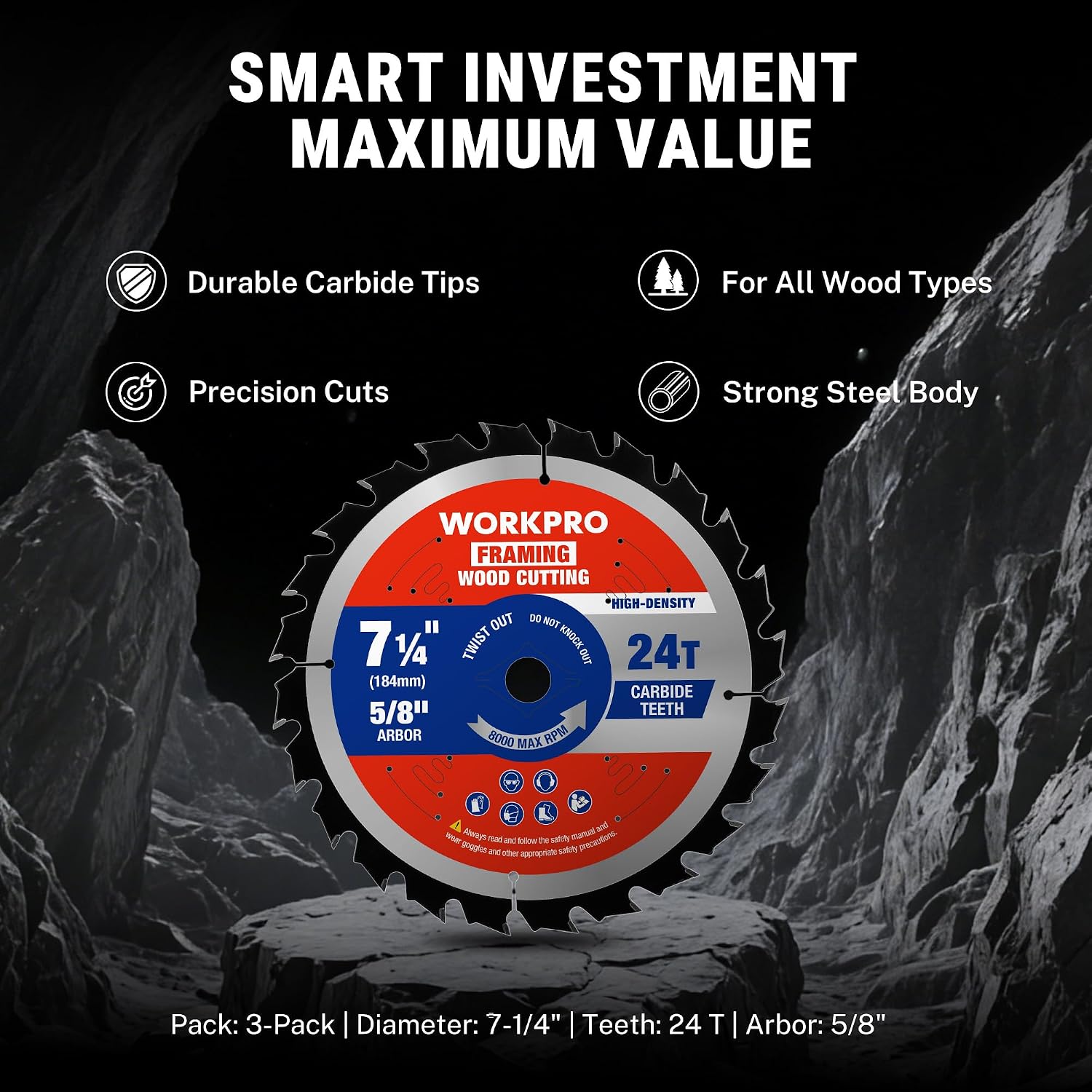 WORKPRO framing saw blades, 7-1/4 in, 24T carbide ATB, 3-pack with case