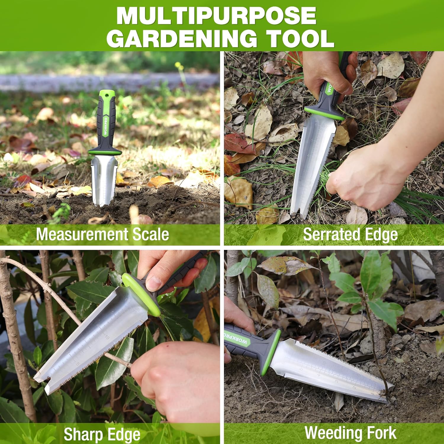 Multipurpose garden knife with measurement scale and serrated stainless cutting edge
