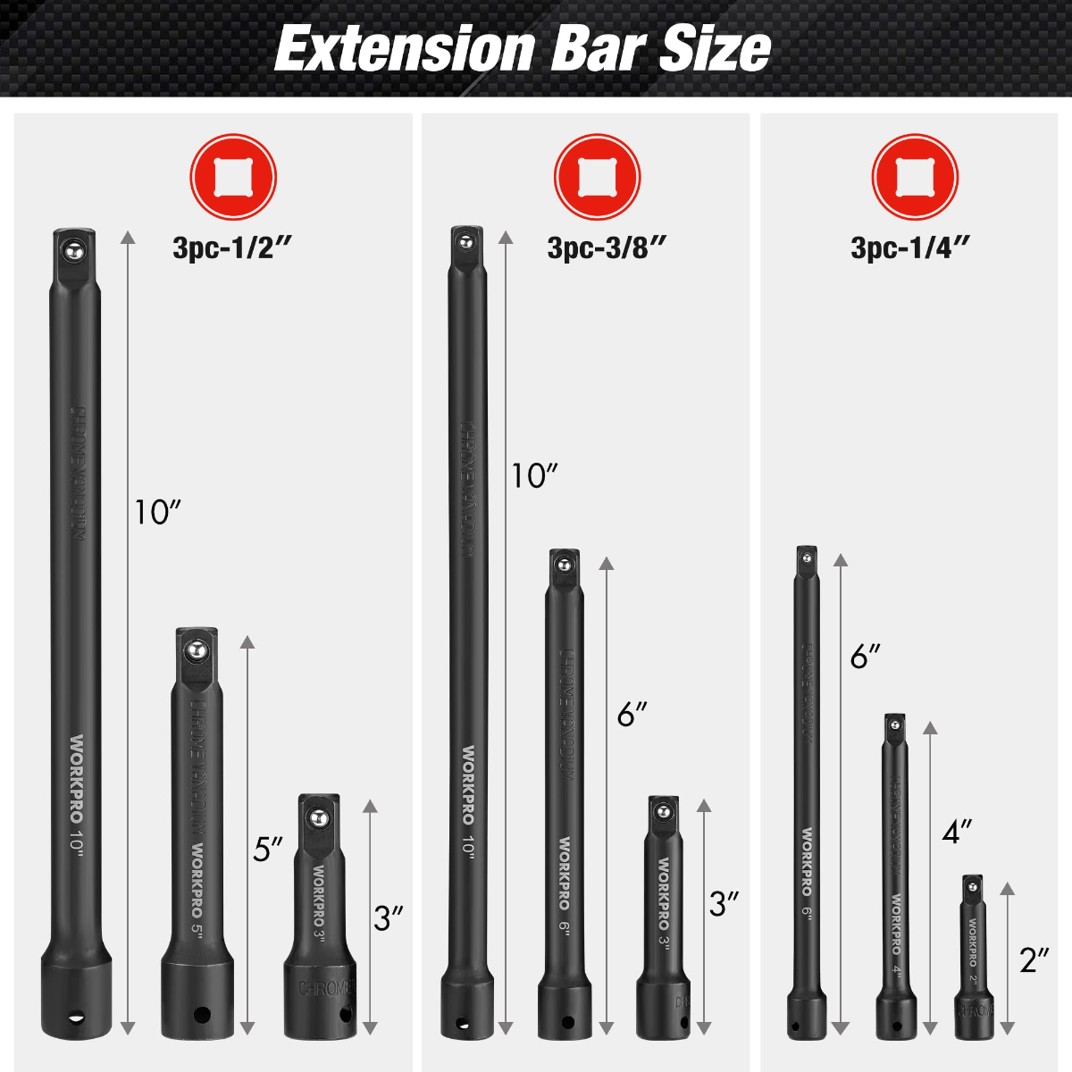 Black impact driver extension bar set with multiple lengths and drive ends