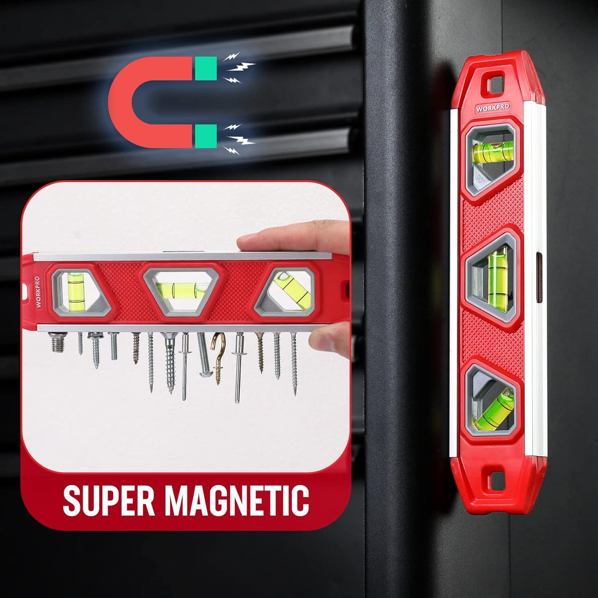 Red magnetic torpedo level with three vial windows and side hanging hole.