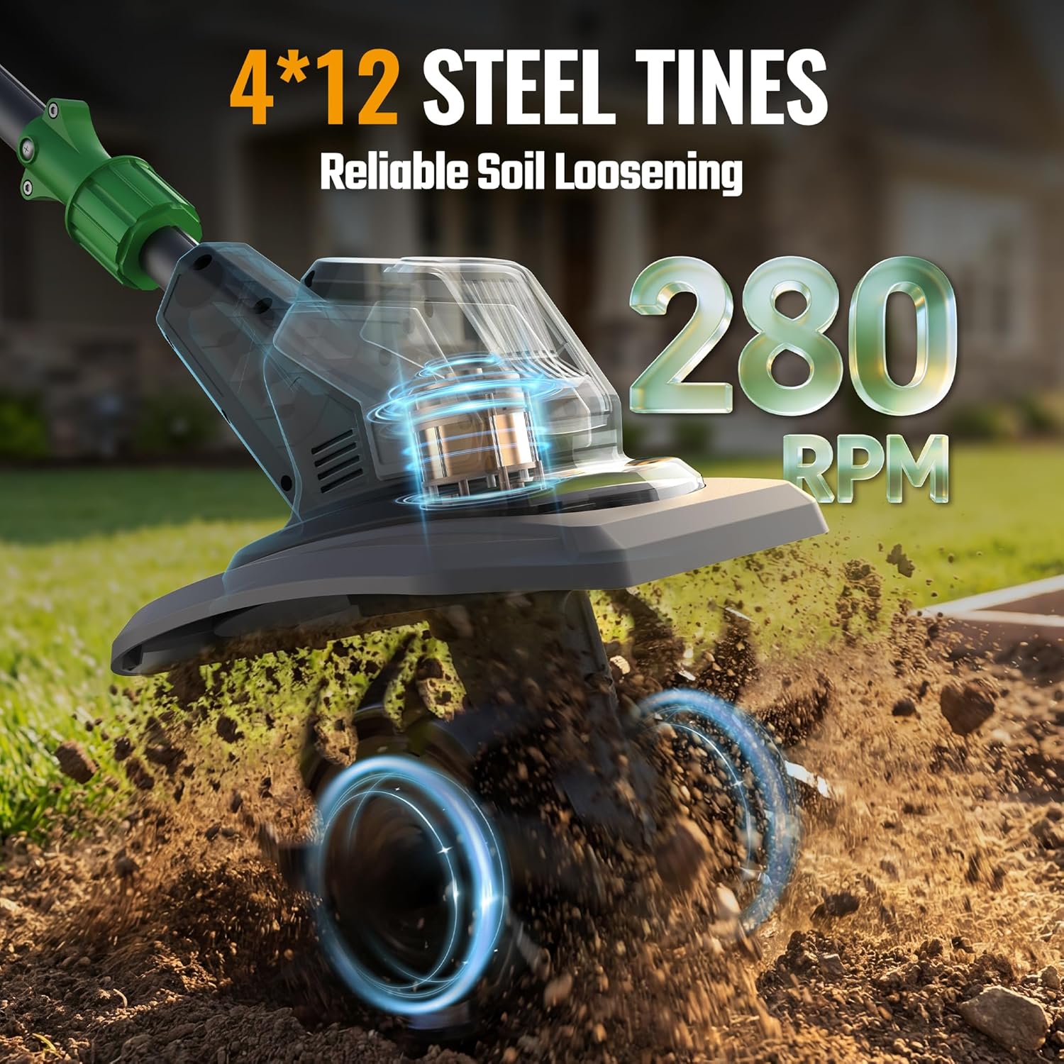 Electric soil cultivator head with steel tines in green housing, close-up