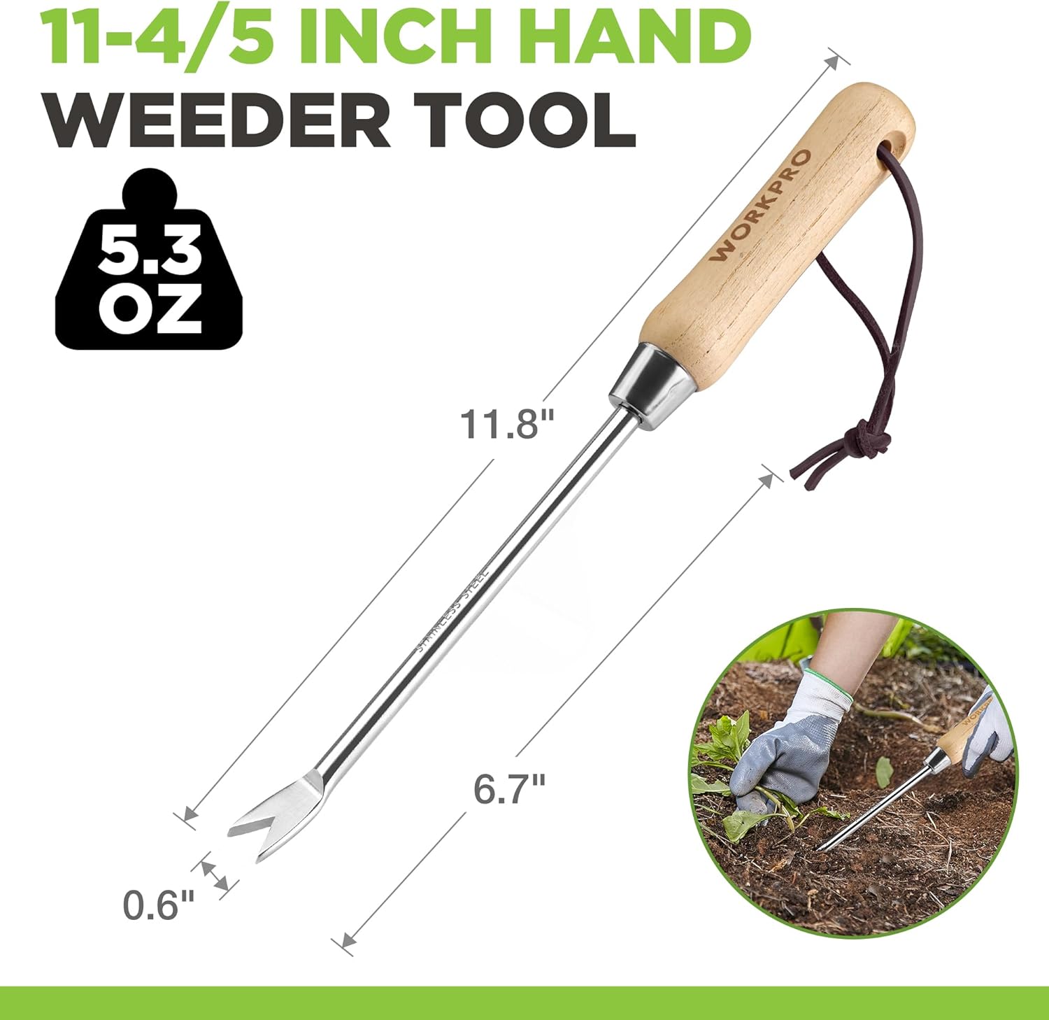 Two-pronged stainless weeder fork tool, light wood handle and pull loop for weeds